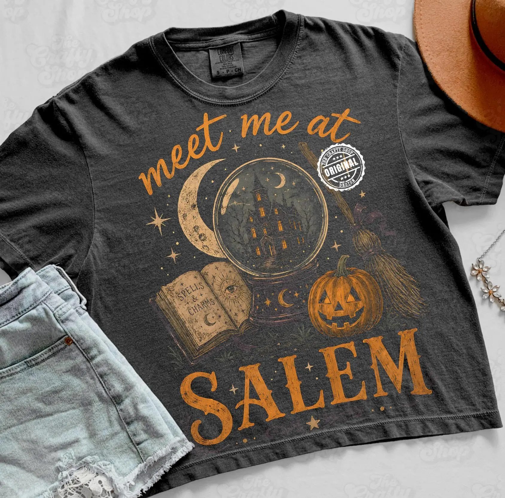 Meet Me At Salem Witchy Halloween Graphic Tee, Womens Vintage Spooky Season Haunted House Dark Aesthetic Fall Shirt - photo 4