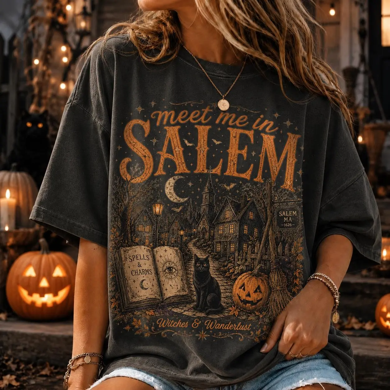 Meet Me In Salem Halloween Shirt, Massachusetts Witch Aesthetic Tee, Haunted Town Graphic Fall Witchy Gift - photo 2