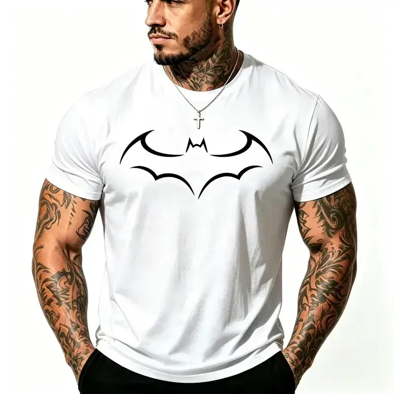 Mens Plus Size Loose T Shirt Cotton Bat Print Short Sleeve Oversized Tee Summer Casual Fashion Black Tshirt Big and Tall