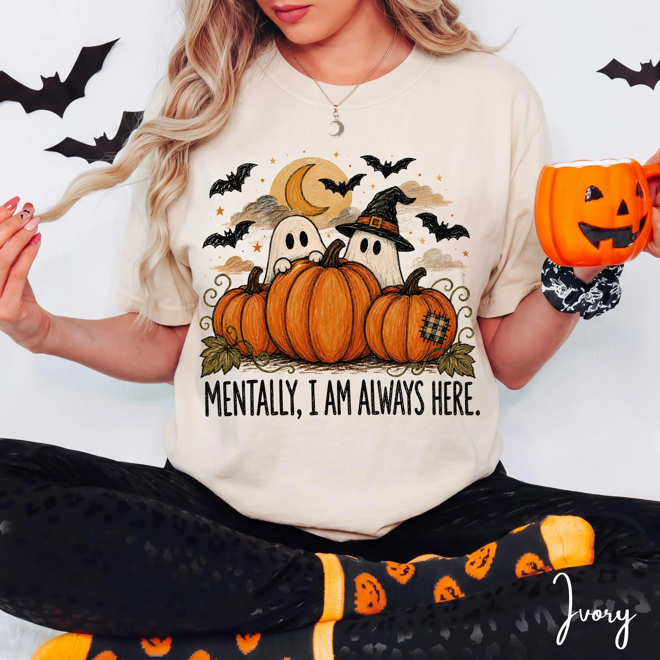 Comfort Colors Mentally I Am Always Here Shirt, Cute Ghost Pumpkin Halloween Tee, Spooky Fall Autumn Gift