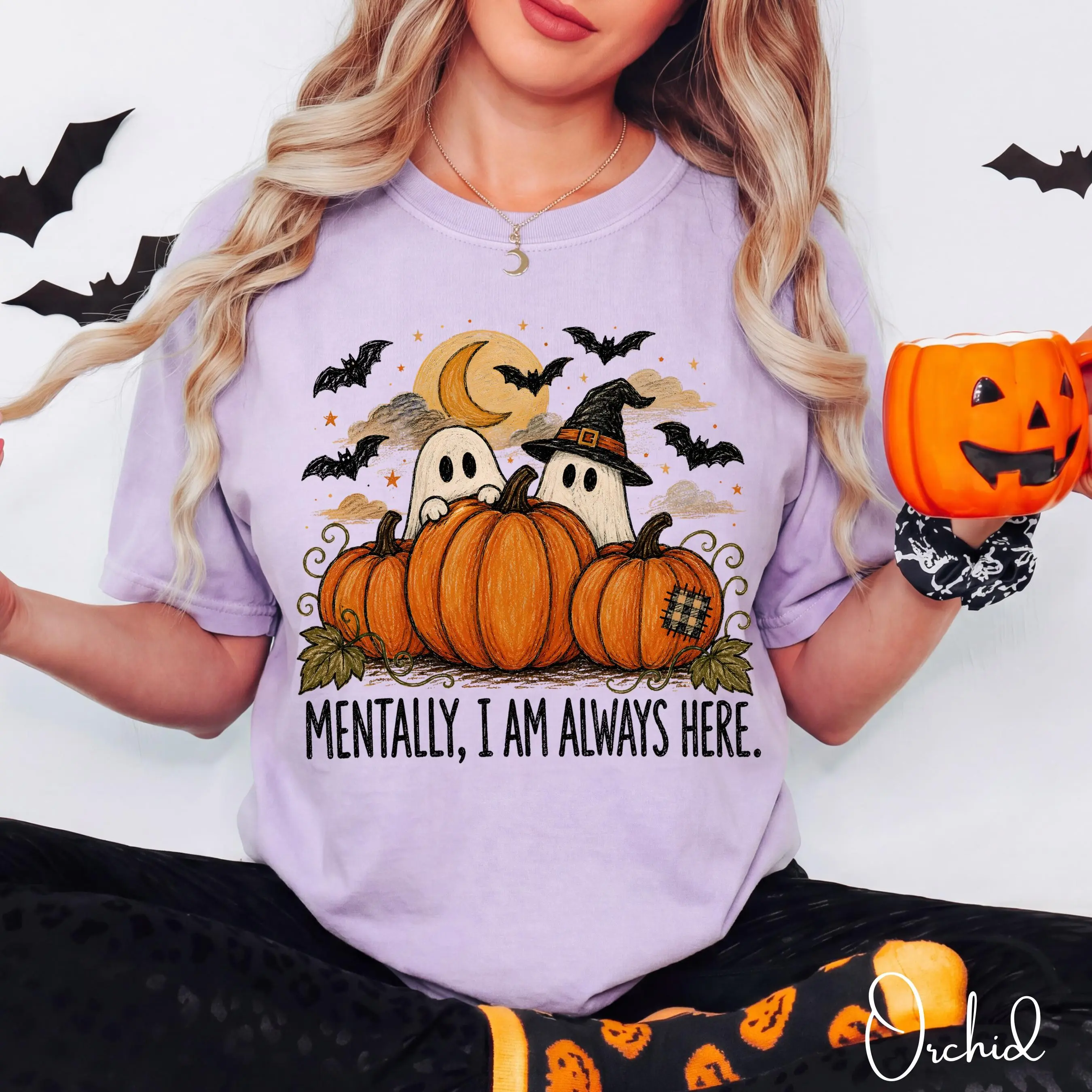 Comfort Colors Mentally I Am Always Here Shirt, Cute Ghost Pumpkin Halloween Tee, Spooky Fall Autumn Gift - photo 2