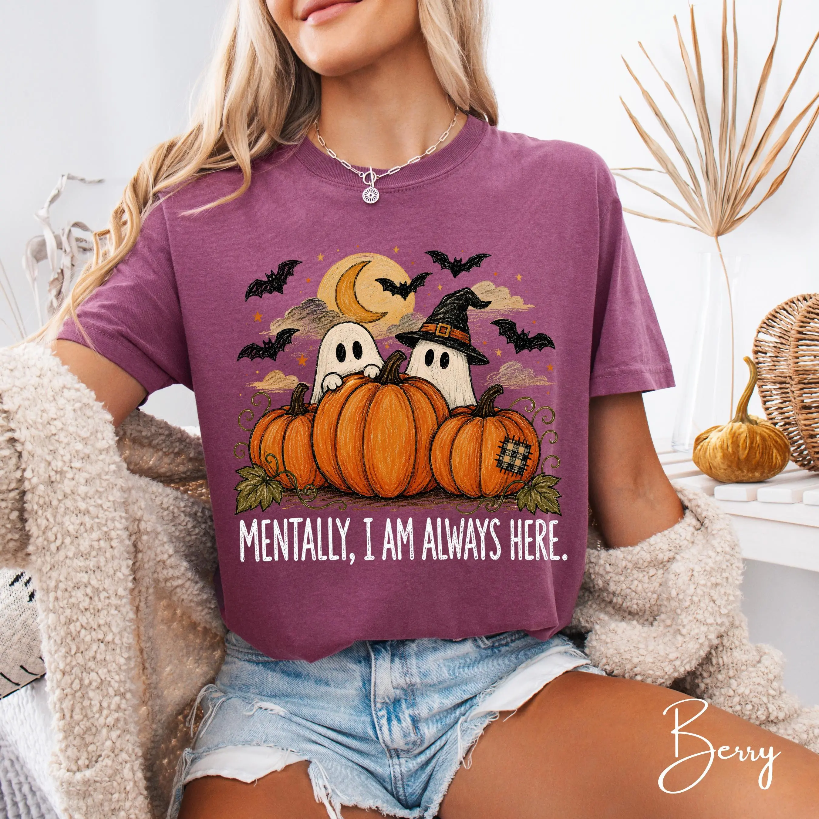 Comfort Colors Mentally I Am Always Here Shirt, Cute Ghost Pumpkin Halloween Tee, Spooky Fall Autumn Gift - photo 3