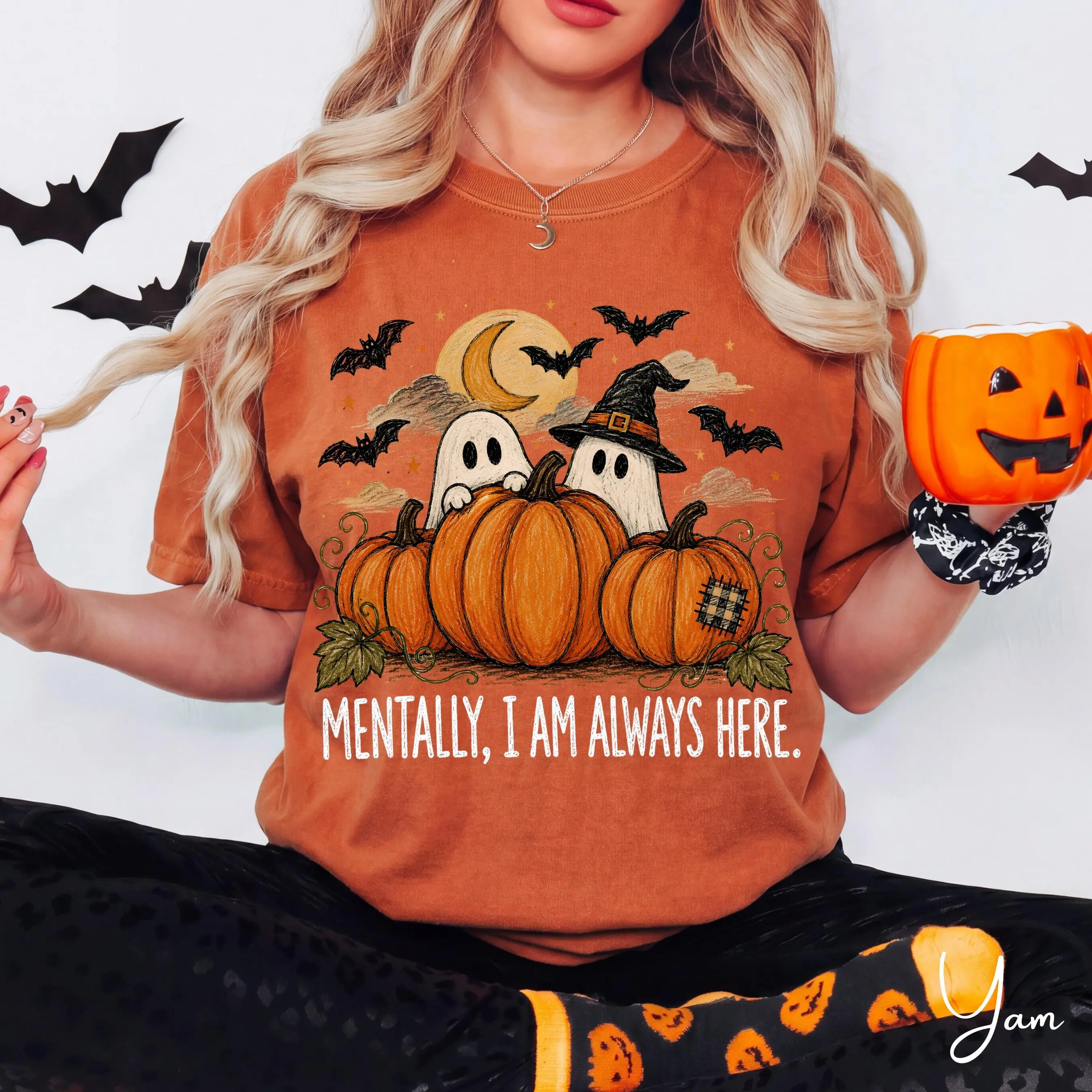 Comfort Colors Mentally I Am Always Here Shirt, Cute Ghost Pumpkin Halloween Tee, Spooky Fall Autumn Gift - photo 4