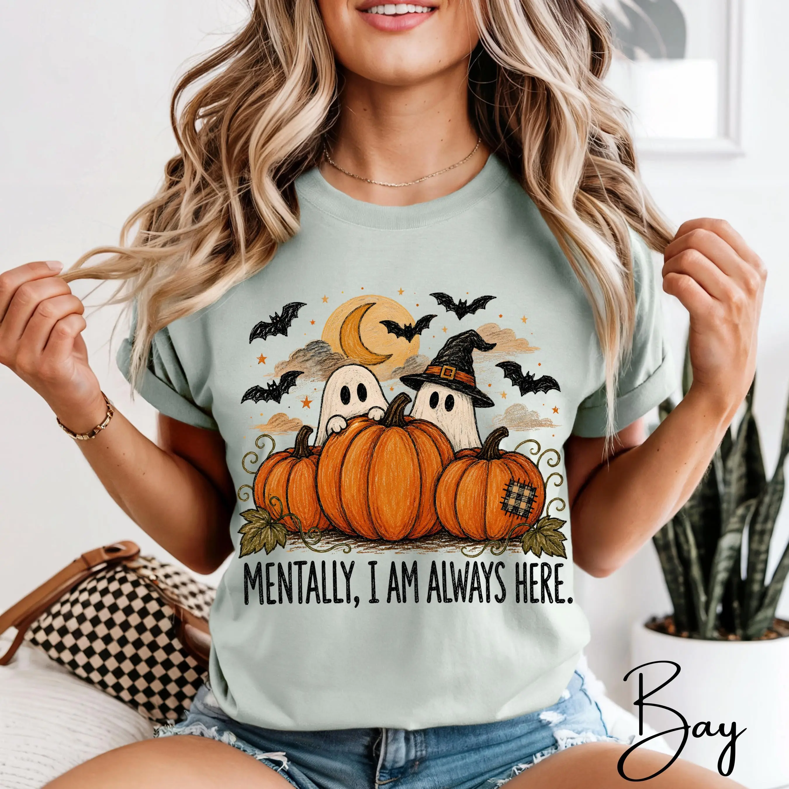 Comfort Colors Mentally I Am Always Here Shirt, Cute Ghost Pumpkin Halloween Tee, Spooky Fall Autumn Gift - photo 5