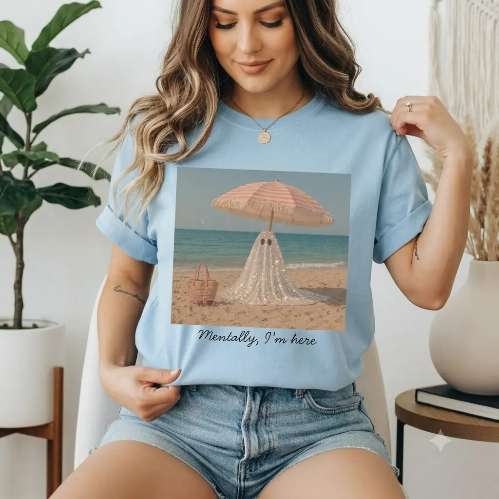 Comfort Colors Mentally I'm Here Beach Ghost Shirt, Spooky Summeroween Funny Vacation Graphic Tee
