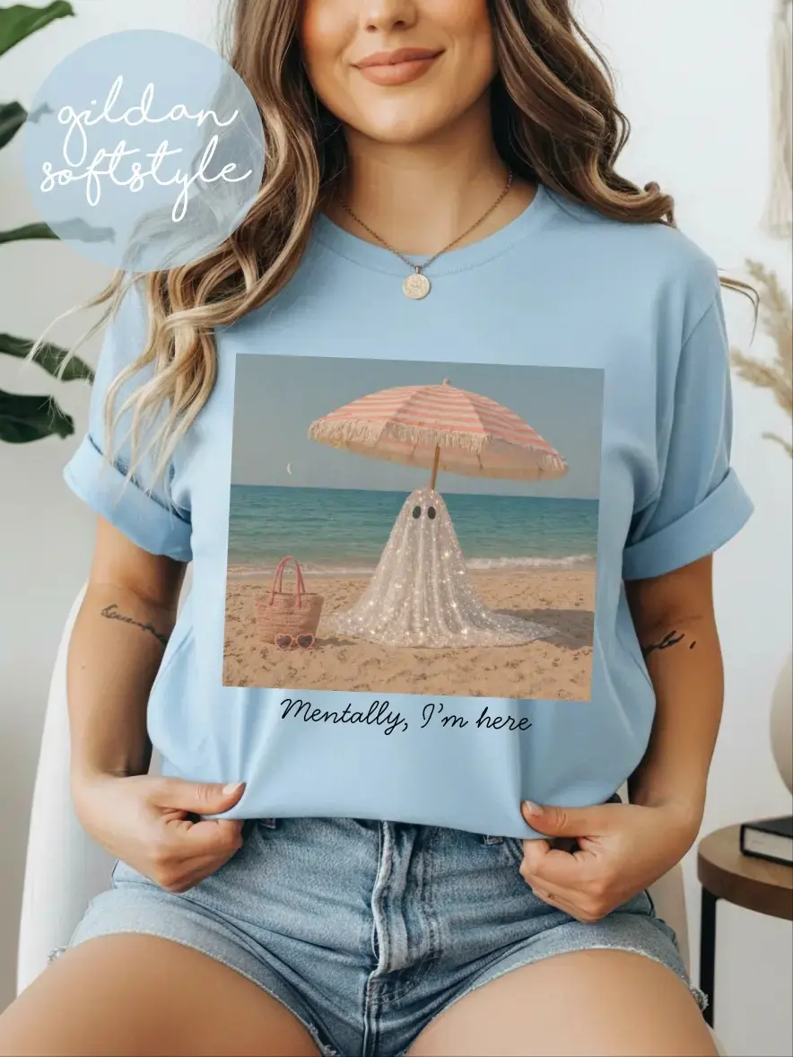 Comfort Colors Mentally I'm Here Beach Ghost Shirt, Spooky Summeroween Funny Vacation Graphic Tee - photo 2