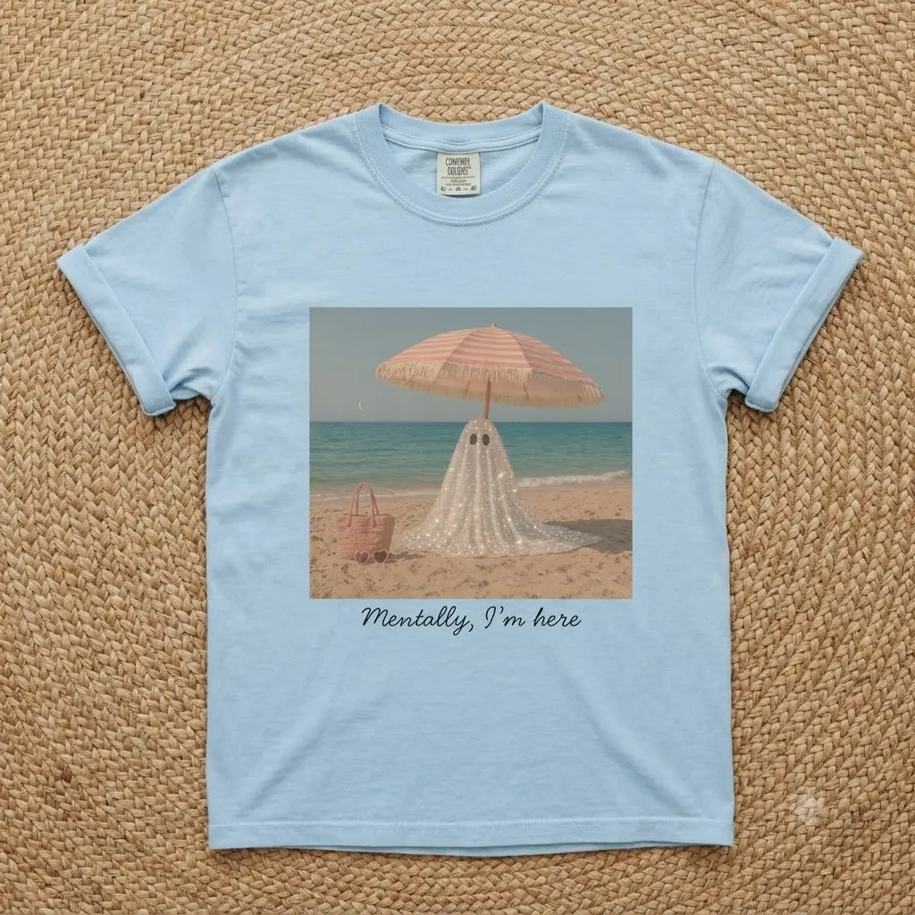 Comfort Colors Mentally I'm Here Beach Ghost Shirt, Spooky Summeroween Funny Vacation Graphic Tee - photo 3