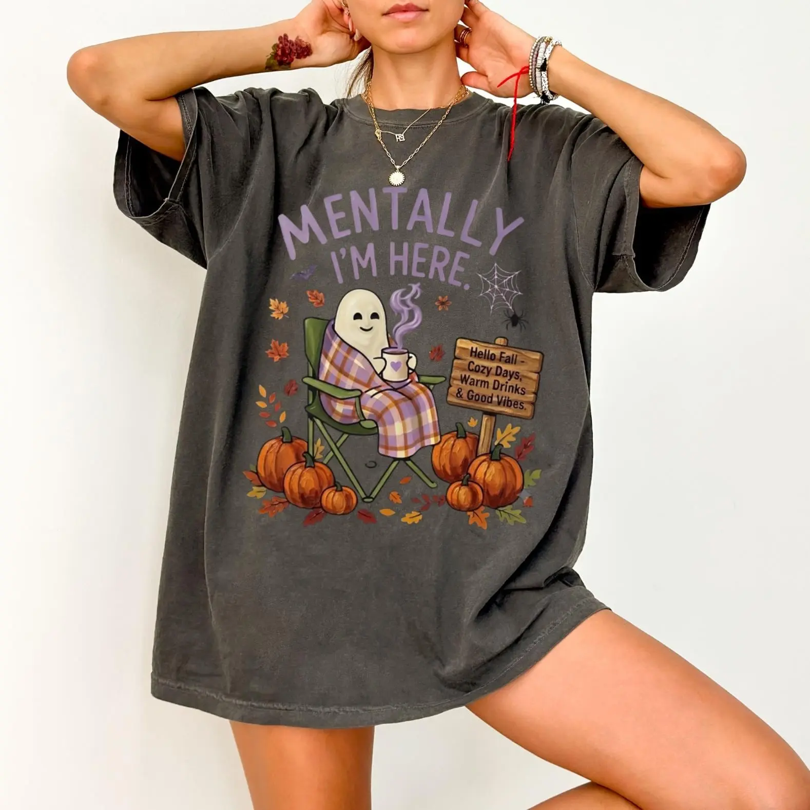 Comfort Colors Mentally I'm Here Shirt, Funny Ghost Halloween Tee for Women, Cozy Spooky Season Autumn Graphic Top