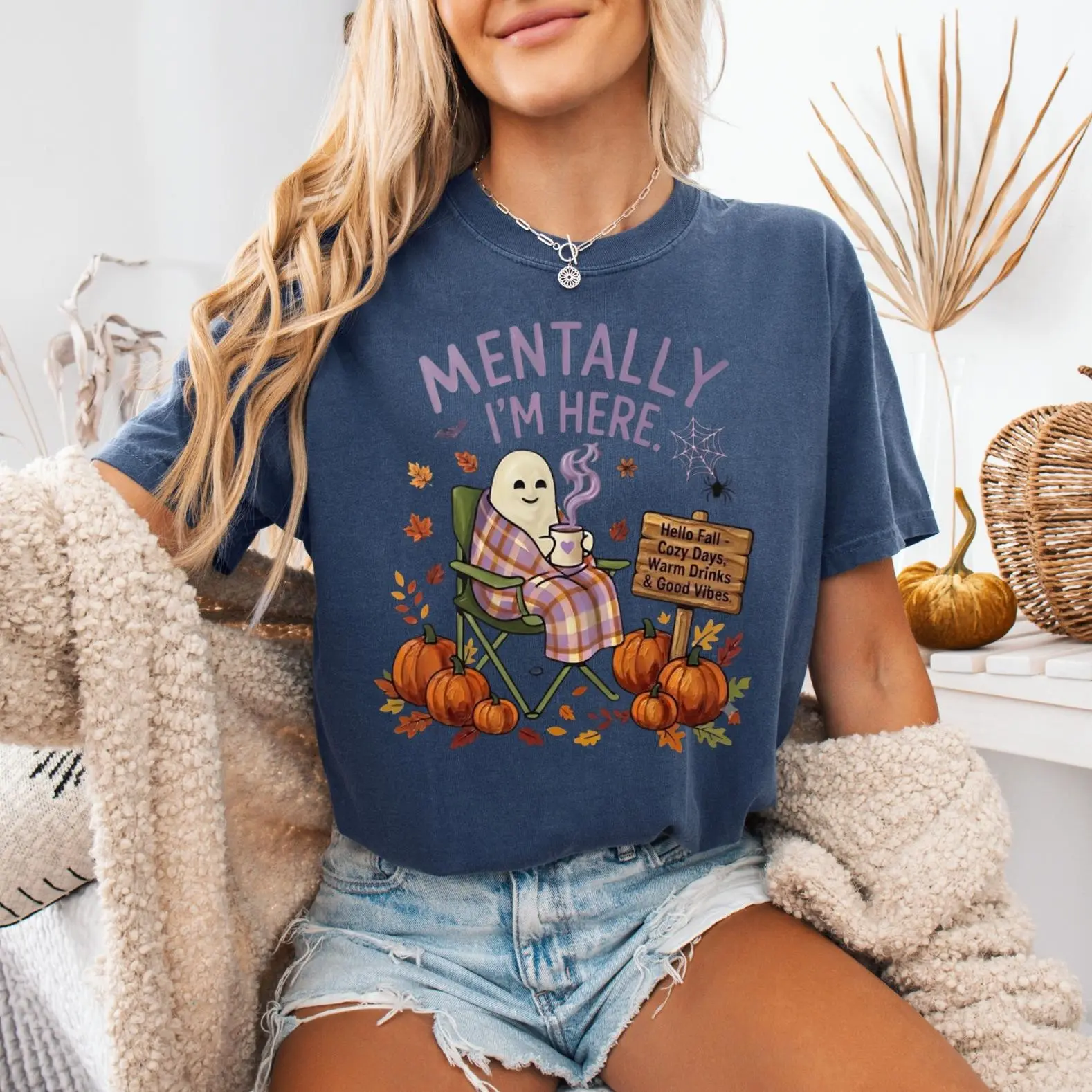 Comfort Colors Mentally I'm Here Shirt, Funny Ghost Halloween Tee for Women, Cozy Spooky Season Autumn Graphic Top - photo 2