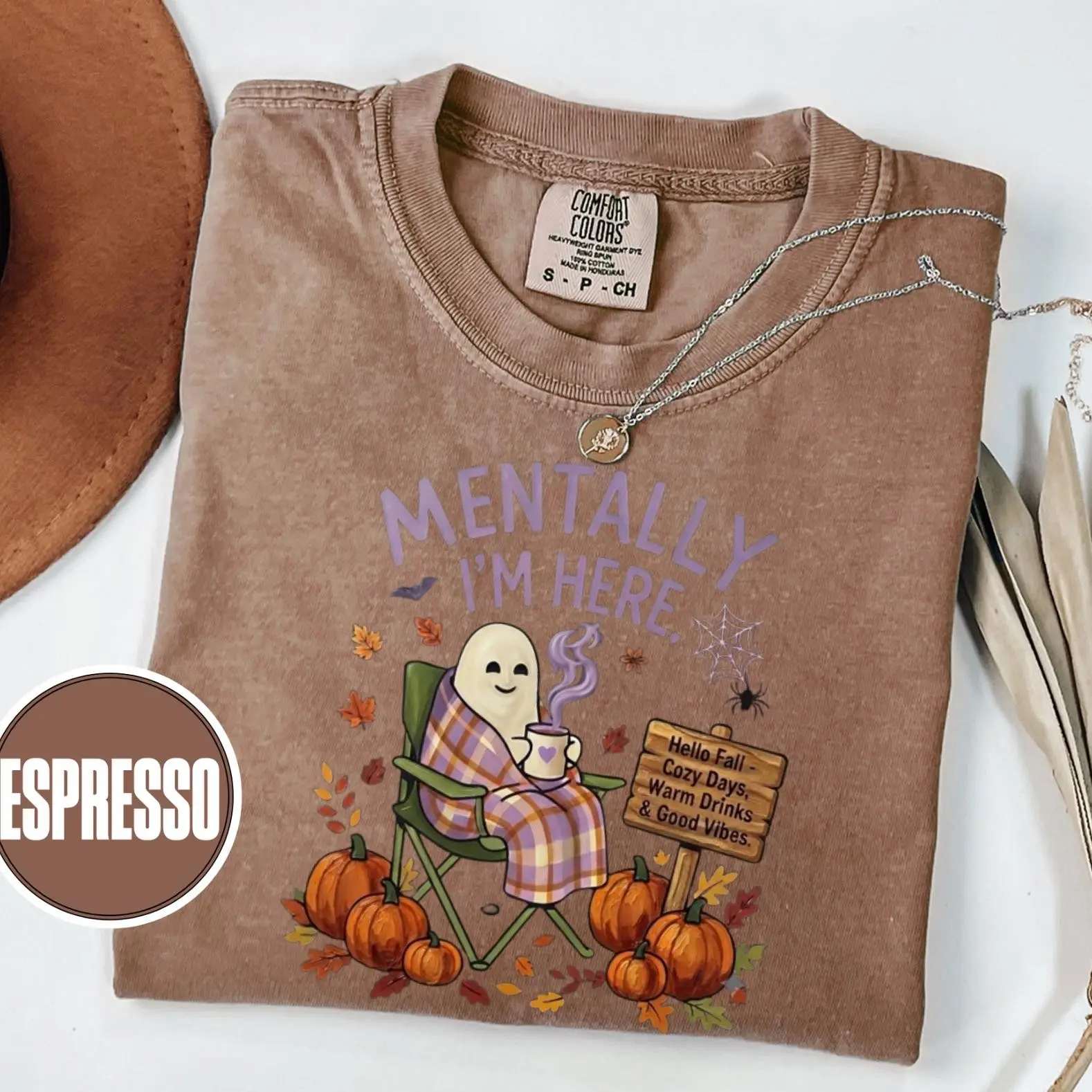 Comfort Colors Mentally I'm Here Shirt, Funny Ghost Halloween Tee for Women, Cozy Spooky Season Autumn Graphic Top - photo 3