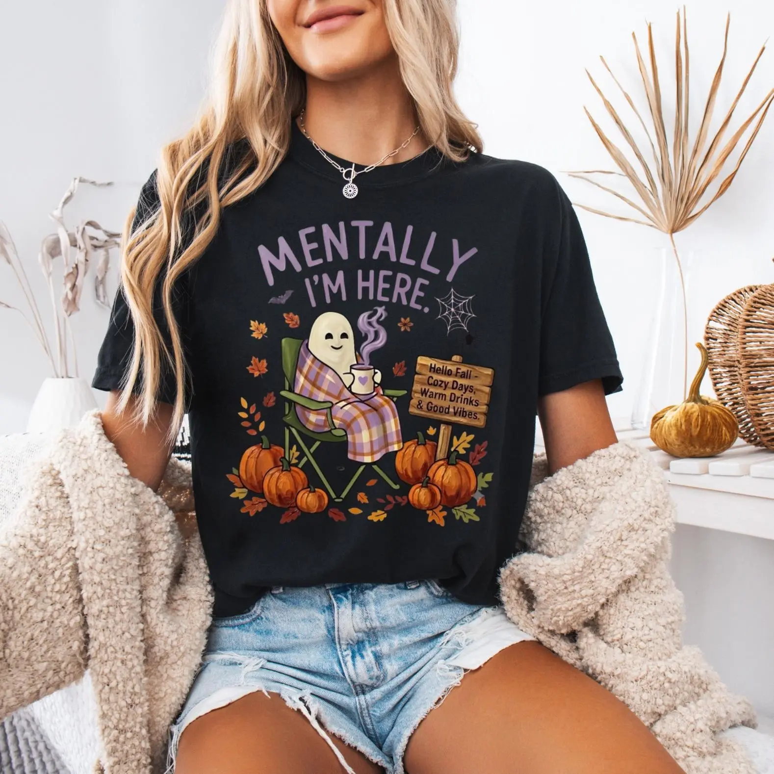 Comfort Colors Mentally I'm Here Shirt, Funny Ghost Halloween Tee for Women, Cozy Spooky Season Autumn Graphic Top - photo 4