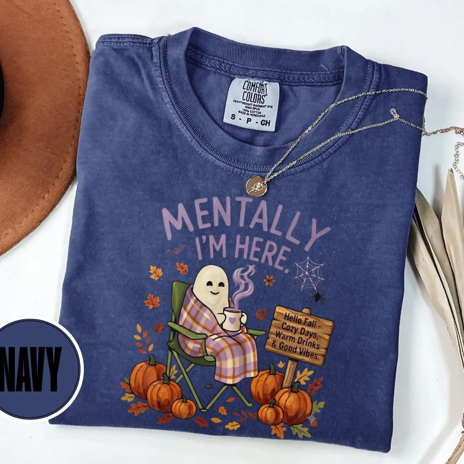 Comfort Colors Mentally I'm Here Shirt, Funny Ghost Halloween Tee for Women, Cozy Spooky Season Autumn Graphic Top - photo 5