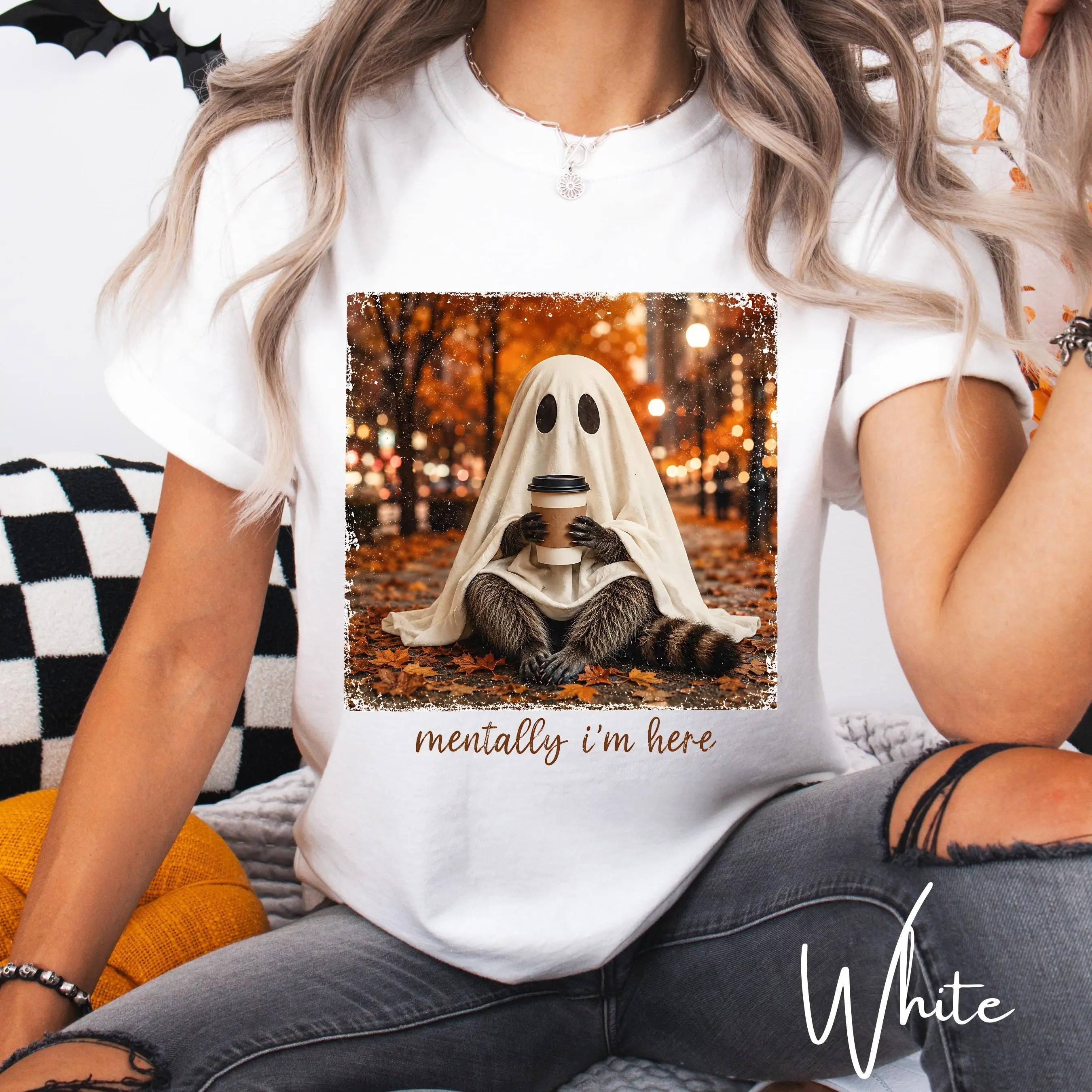 Comfort Colors 1717 Mentally Im Here Raccoon Ghost Shirt, Cute Fall Halloween Spooky Season Graphic Tee Gift