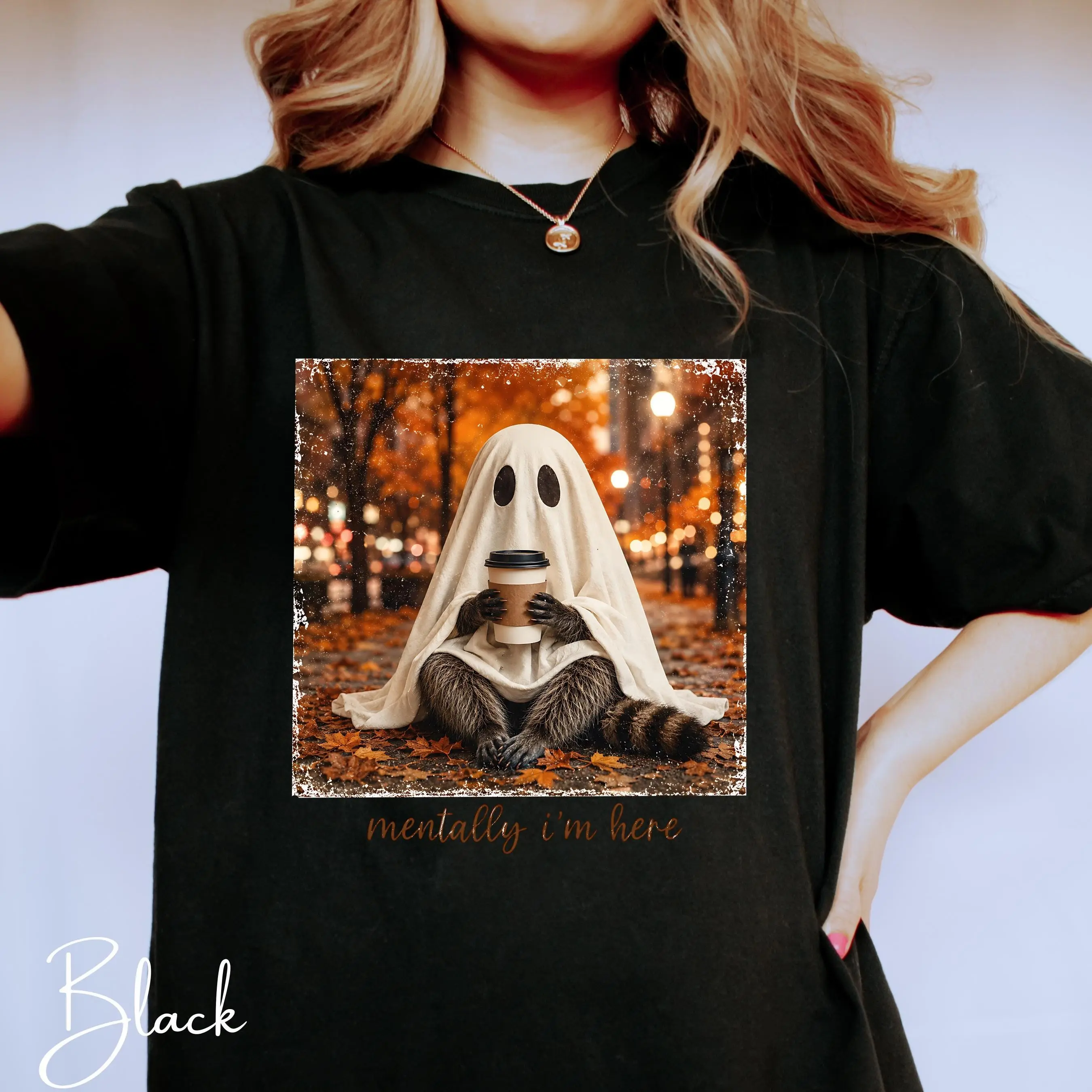 Comfort Colors 1717 Mentally Im Here Raccoon Ghost Shirt, Cute Fall Halloween Spooky Season Graphic Tee Gift - photo 2