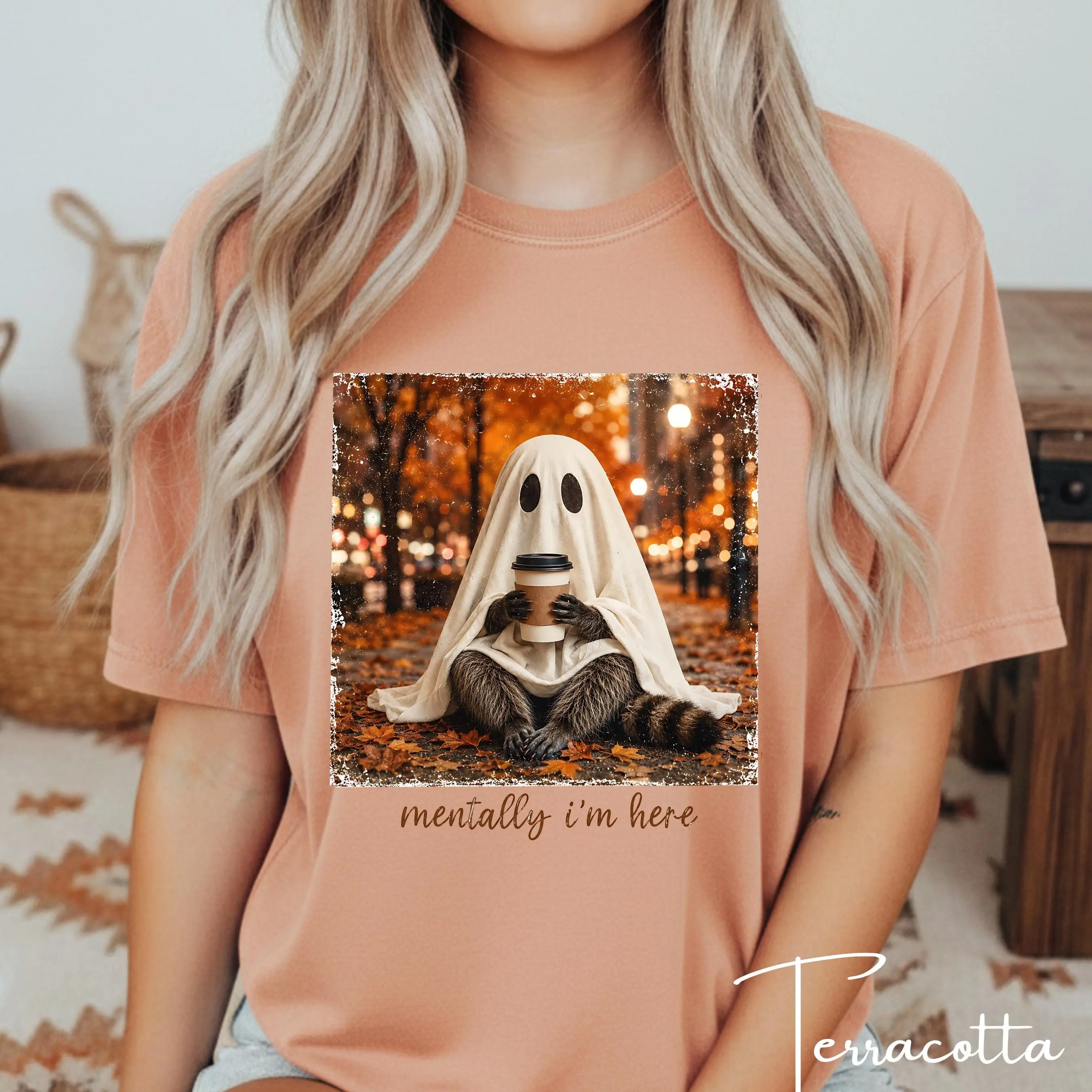 Comfort Colors 1717 Mentally Im Here Raccoon Ghost Shirt, Cute Fall Halloween Spooky Season Graphic Tee Gift - photo 3