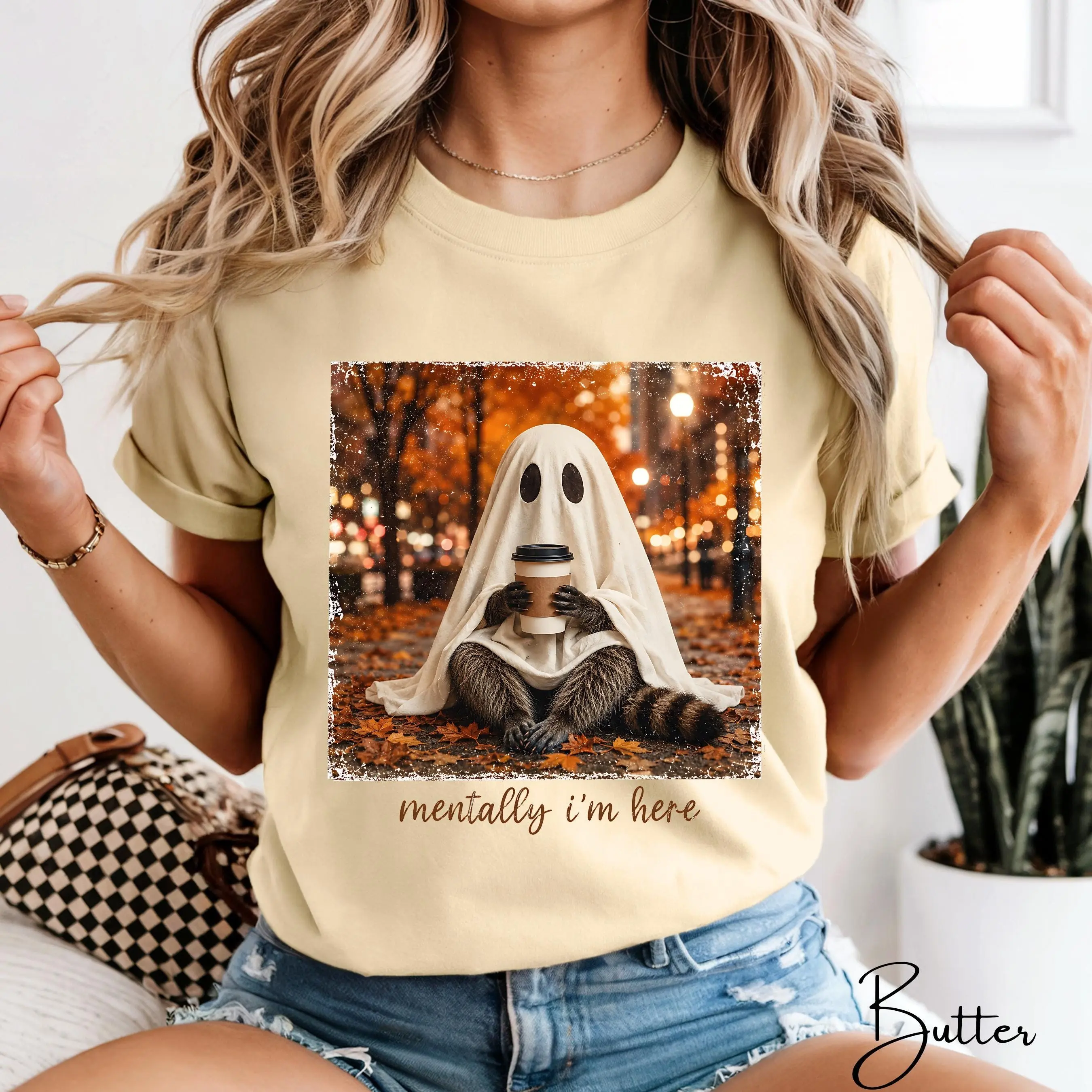 Comfort Colors 1717 Mentally Im Here Raccoon Ghost Shirt, Cute Fall Halloween Spooky Season Graphic Tee Gift - photo 4