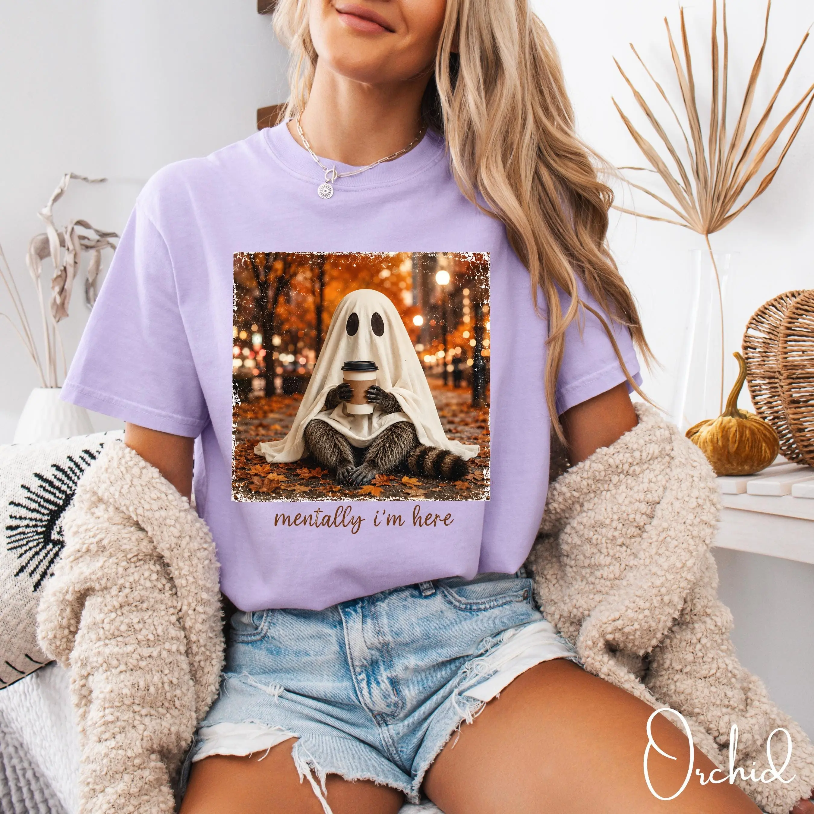 Comfort Colors 1717 Mentally Im Here Raccoon Ghost Shirt, Cute Fall Halloween Spooky Season Graphic Tee Gift - photo 5