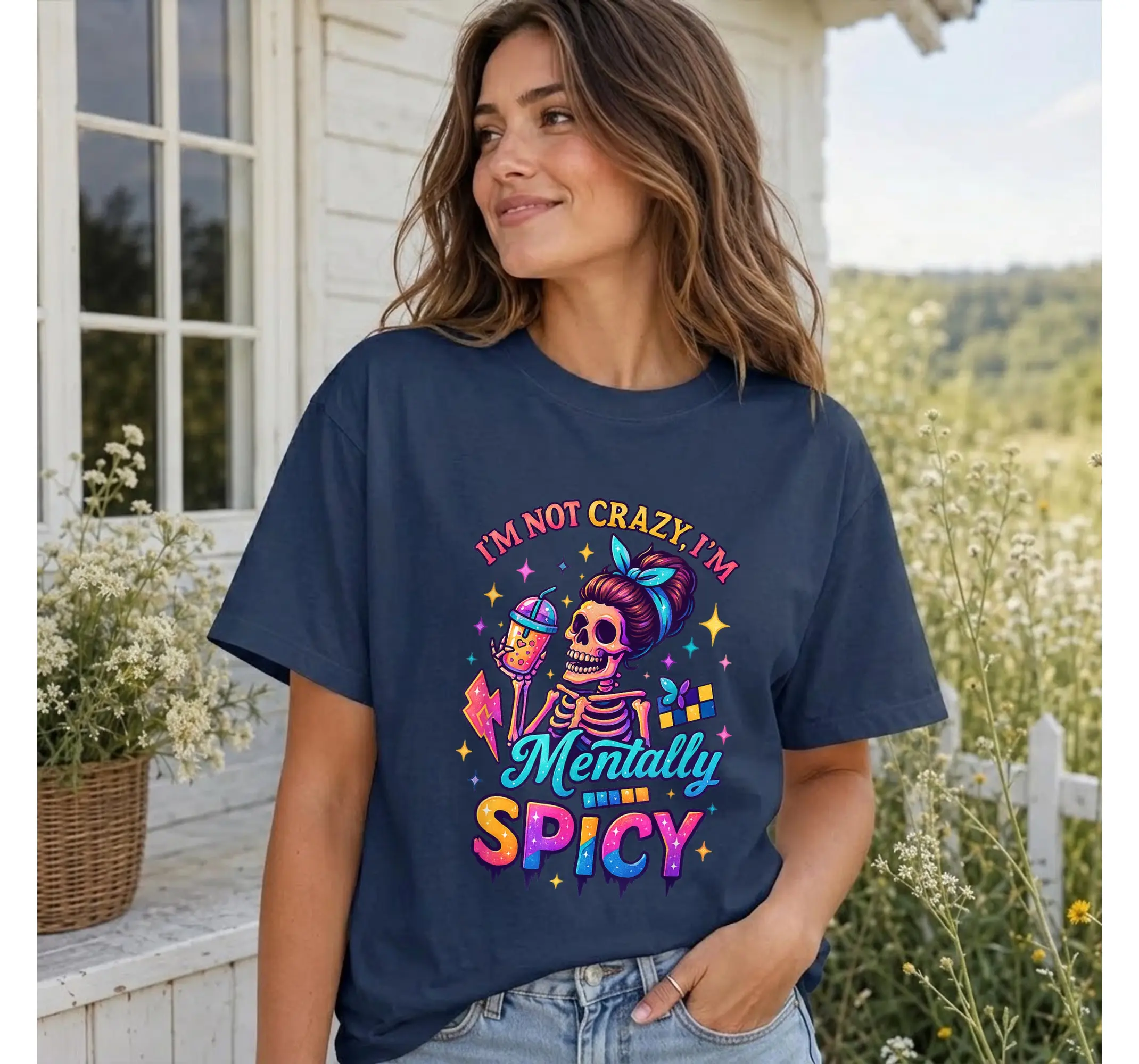 Mentally Spicy Skeleton Graphic Tee, Funny Retro Mental Health Humor Shirt