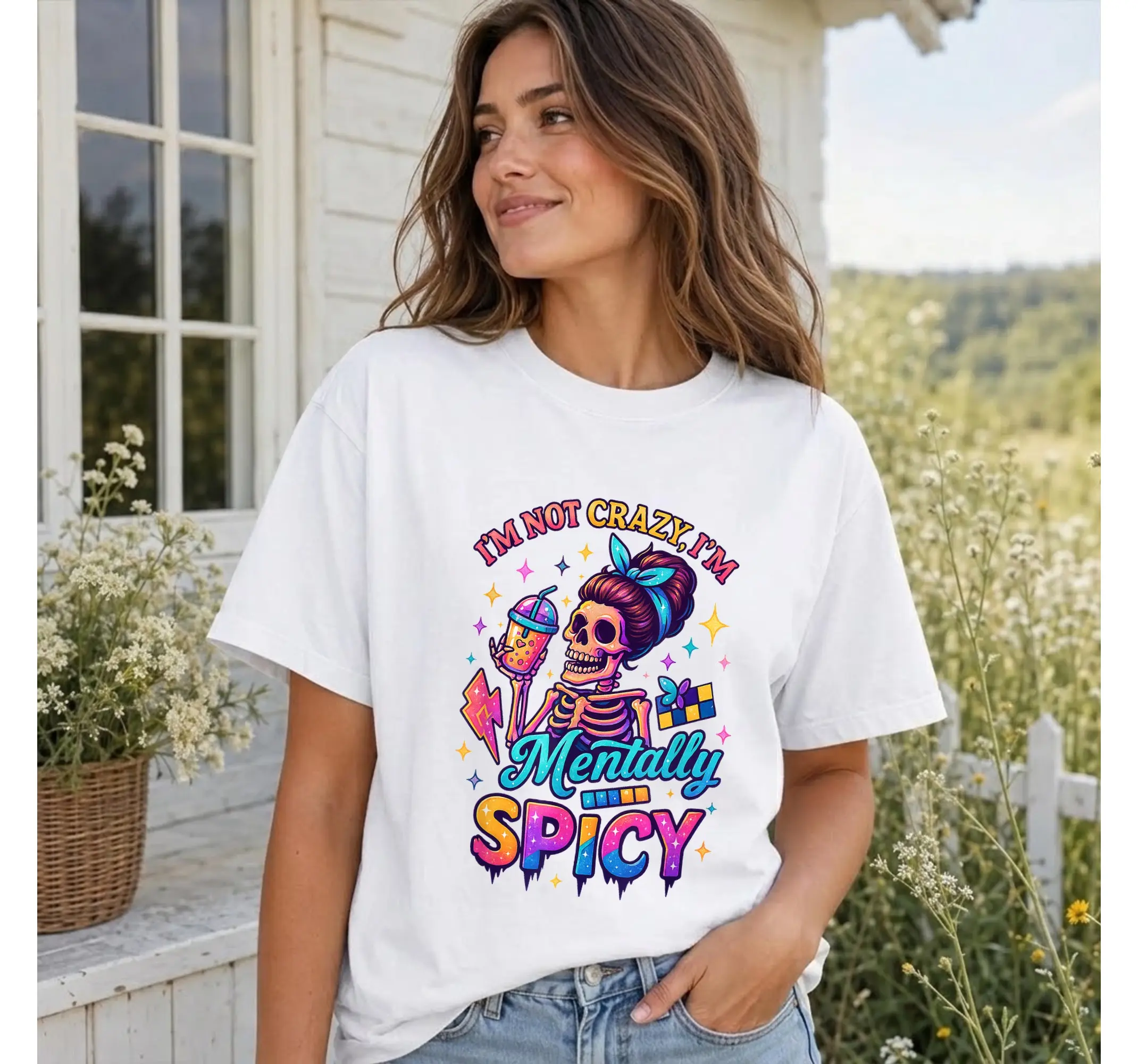 Mentally Spicy Skeleton Graphic Tee, Funny Retro Mental Health Humor Shirt - photo 2