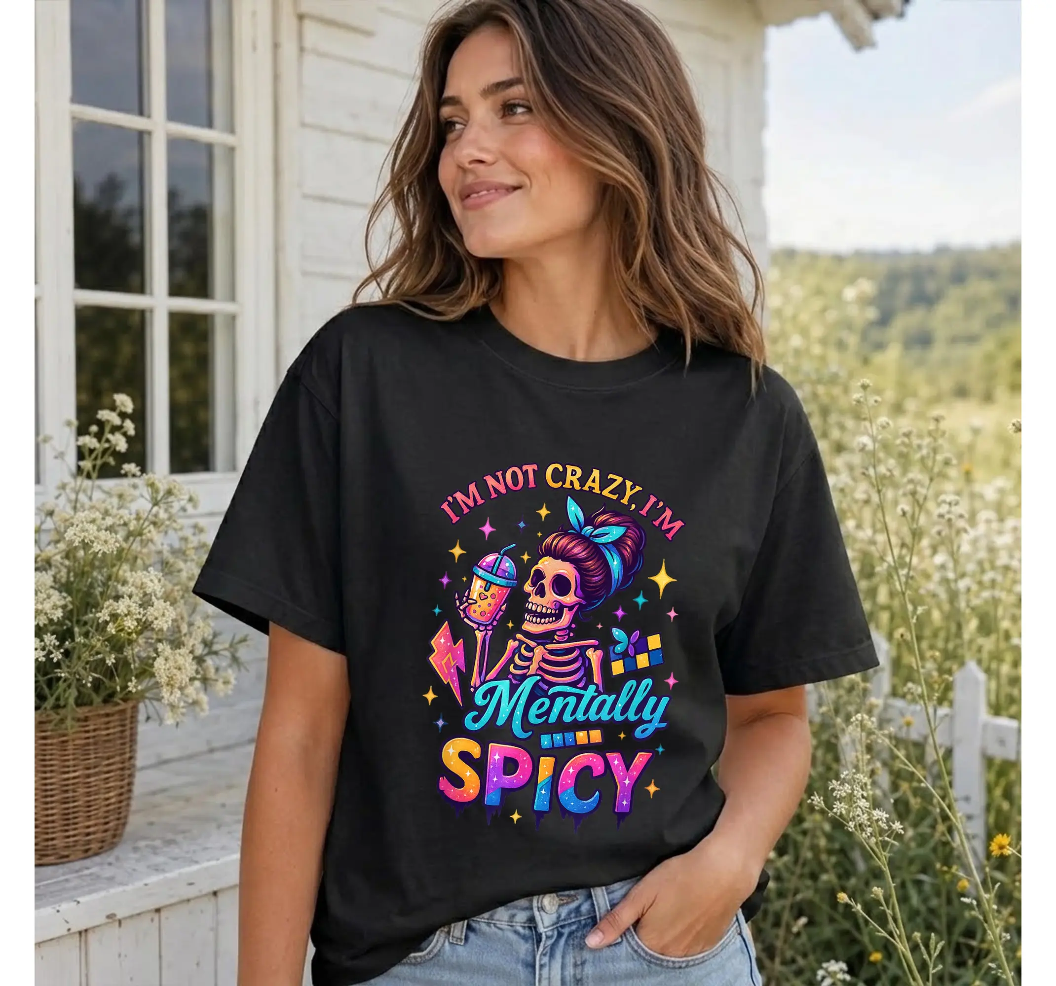 Mentally Spicy Skeleton Graphic Tee, Funny Retro Mental Health Humor Shirt - photo 3