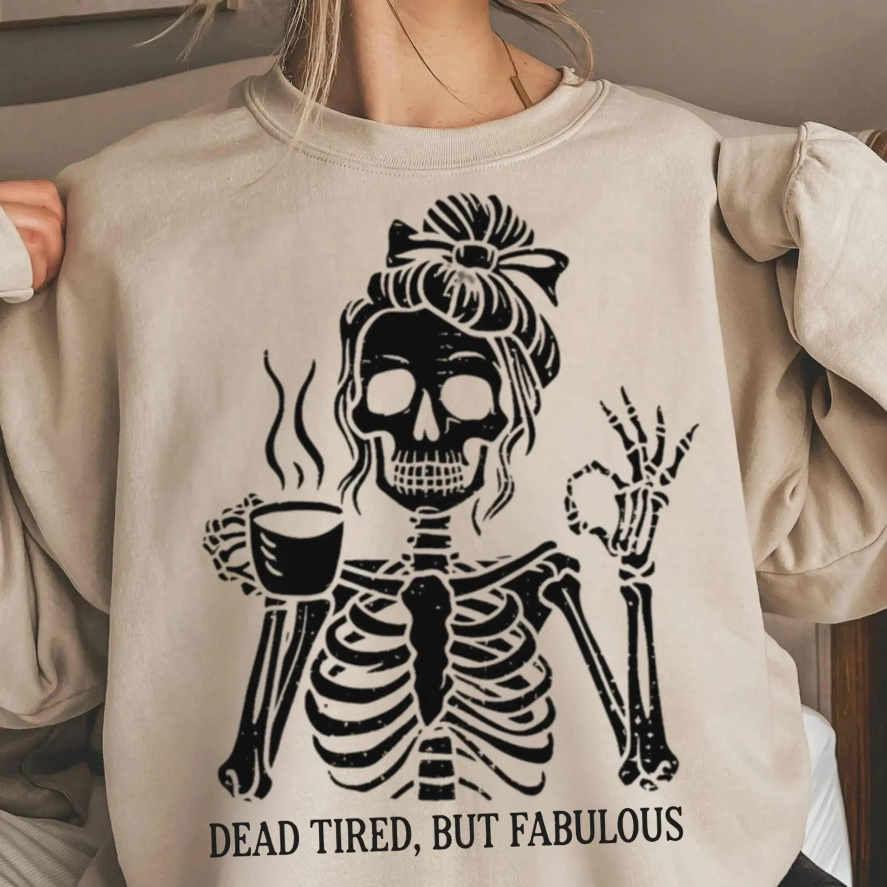 Never Better Messy Bun Skeleton Shirt, Funny Retro Halloween Skull Coffee Lover Tee For Women