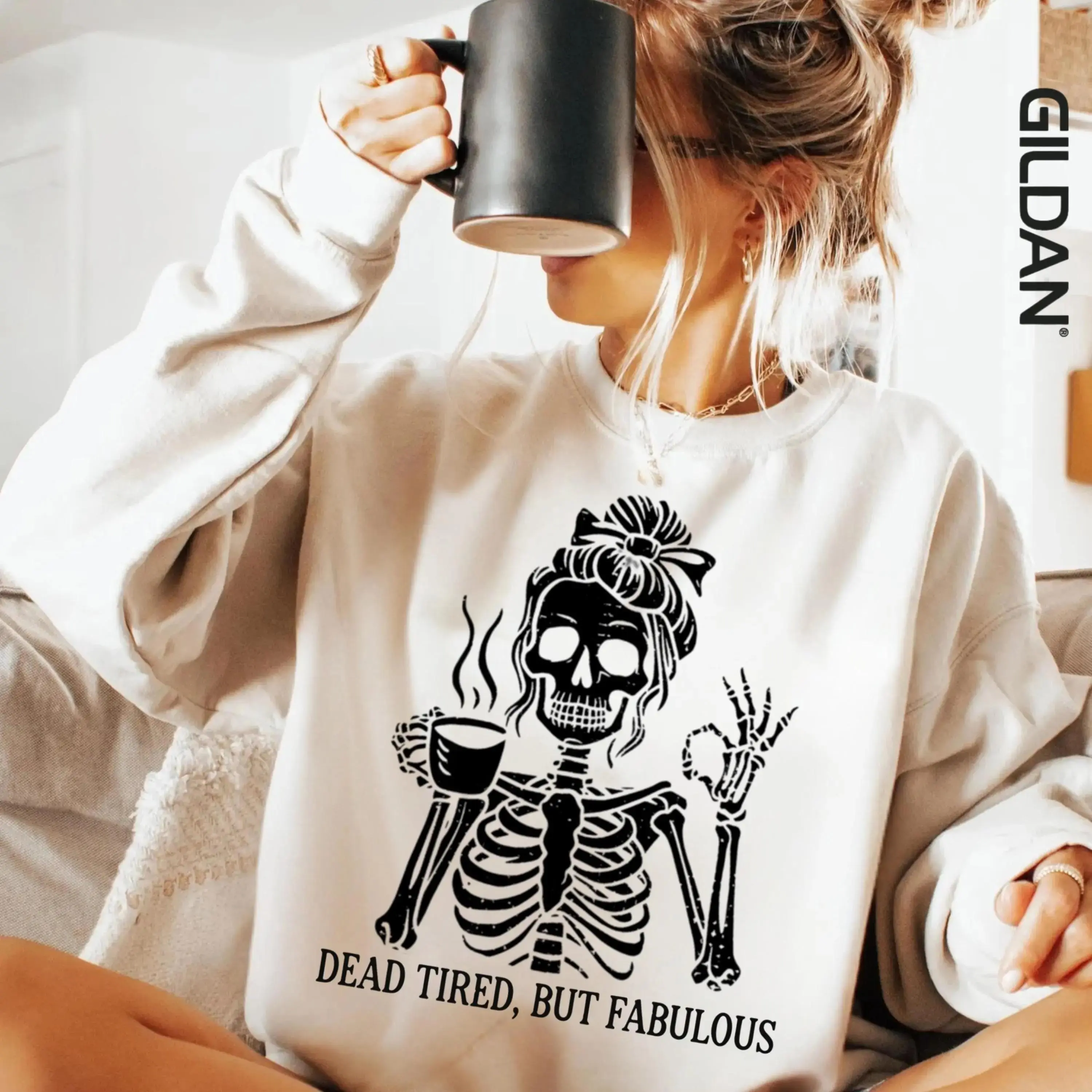 Never Better Messy Bun Skeleton Shirt, Funny Retro Halloween Skull Coffee Lover Tee For Women - photo 2