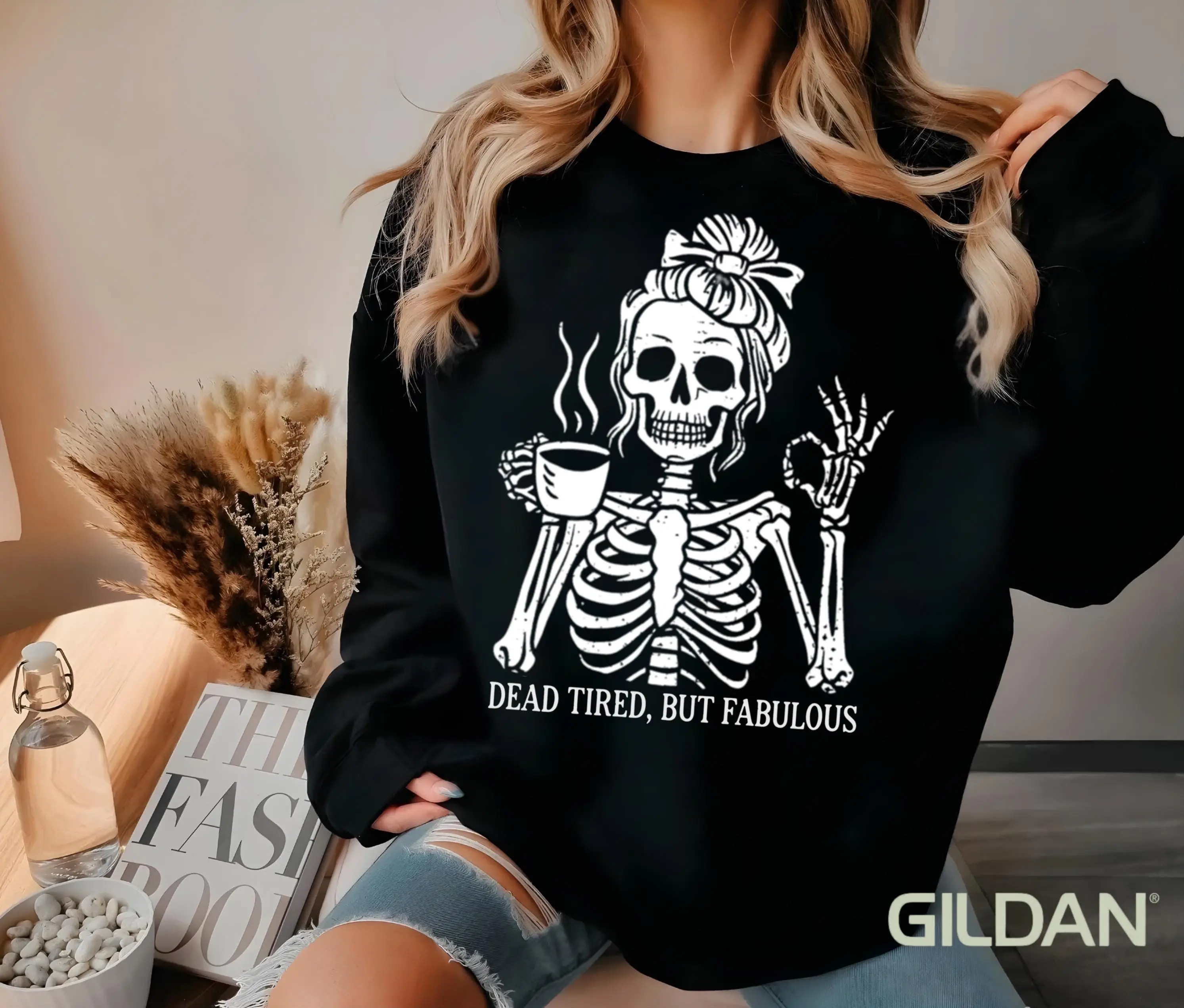 Never Better Messy Bun Skeleton Shirt, Funny Retro Halloween Skull Coffee Lover Tee For Women - photo 4