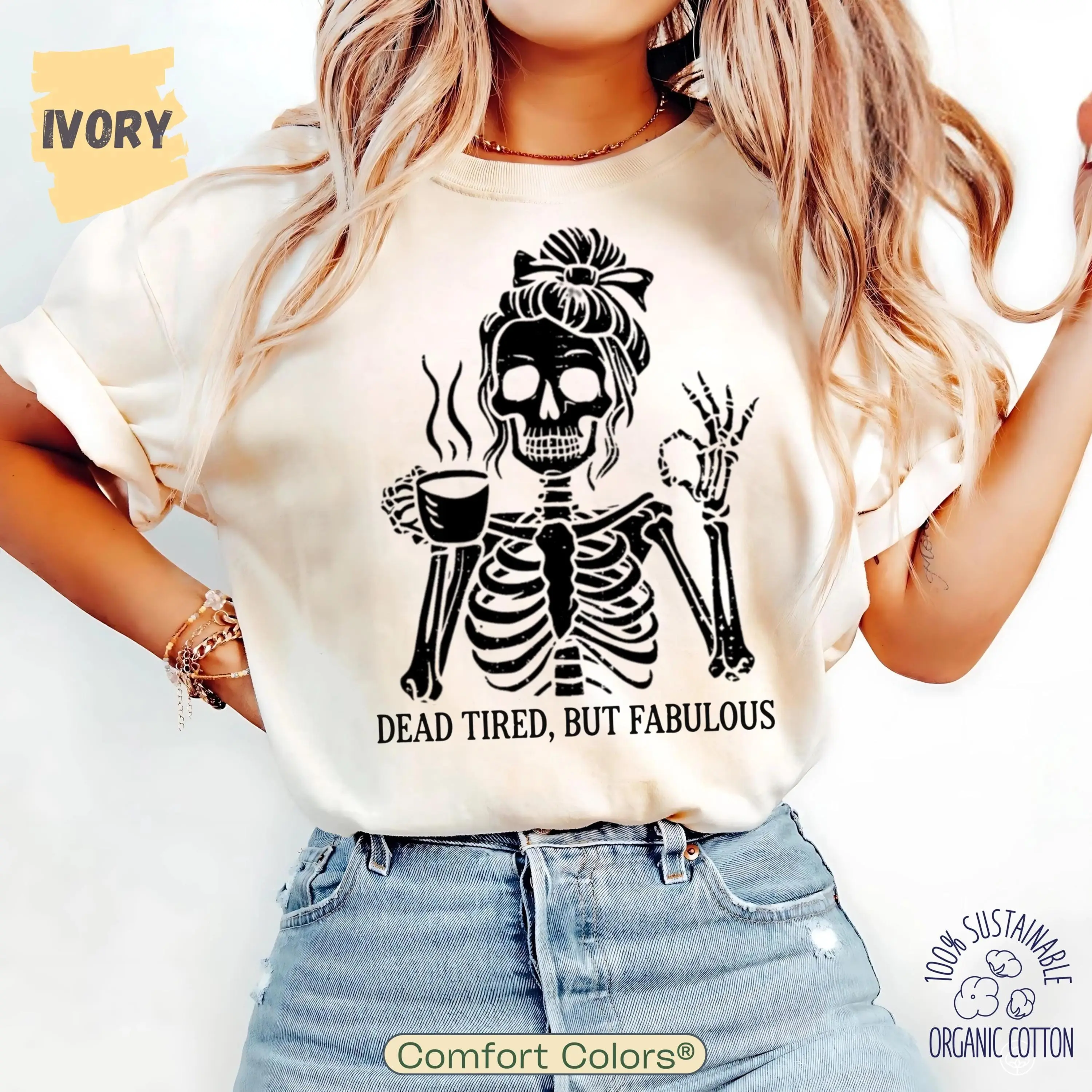 Never Better Messy Bun Skeleton Shirt, Funny Retro Halloween Skull Coffee Lover Tee For Women - photo 5