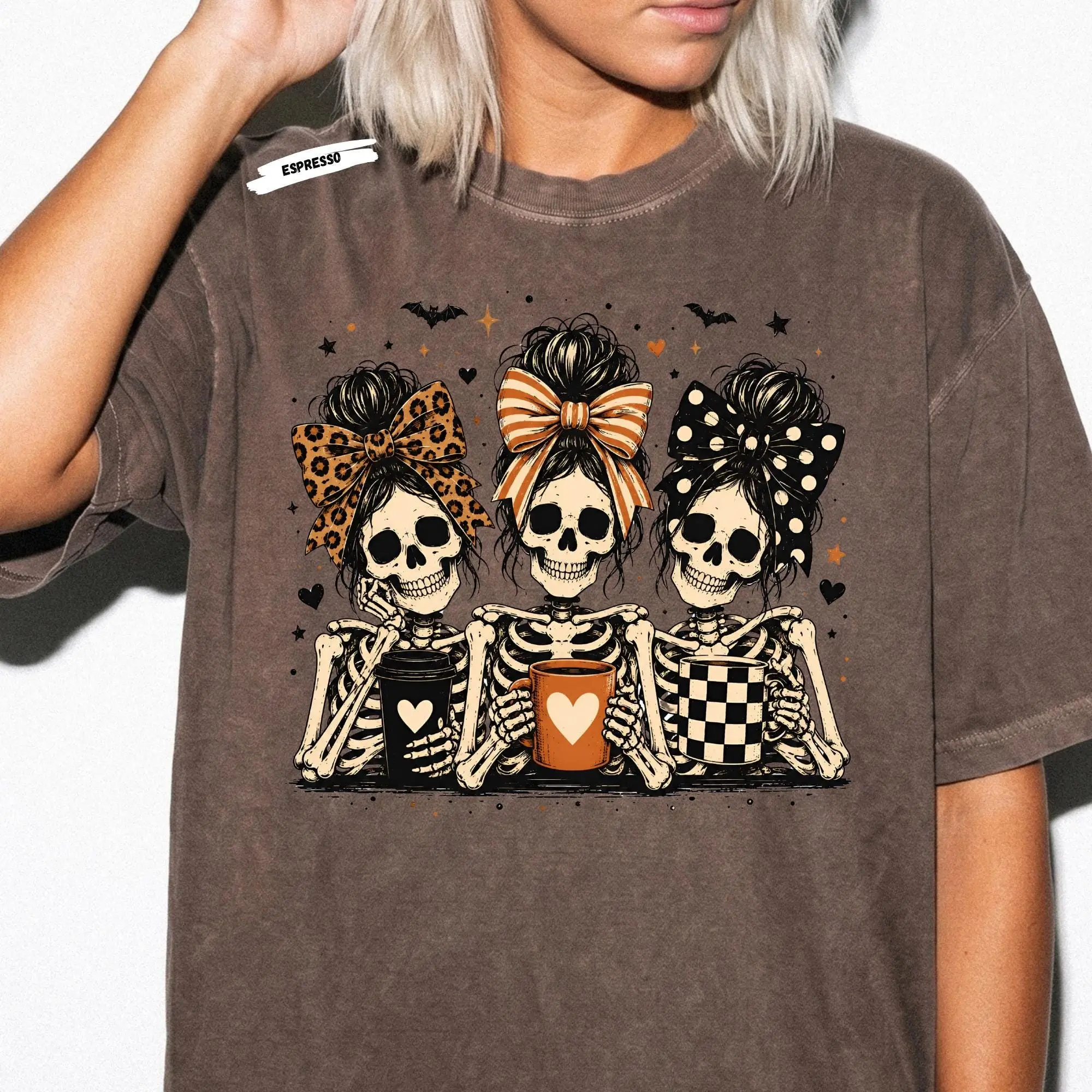 Messy Bun Skeleton T-shirt, Halloween Ladies Shirt, Girly Spooky Coffe Lover Tee