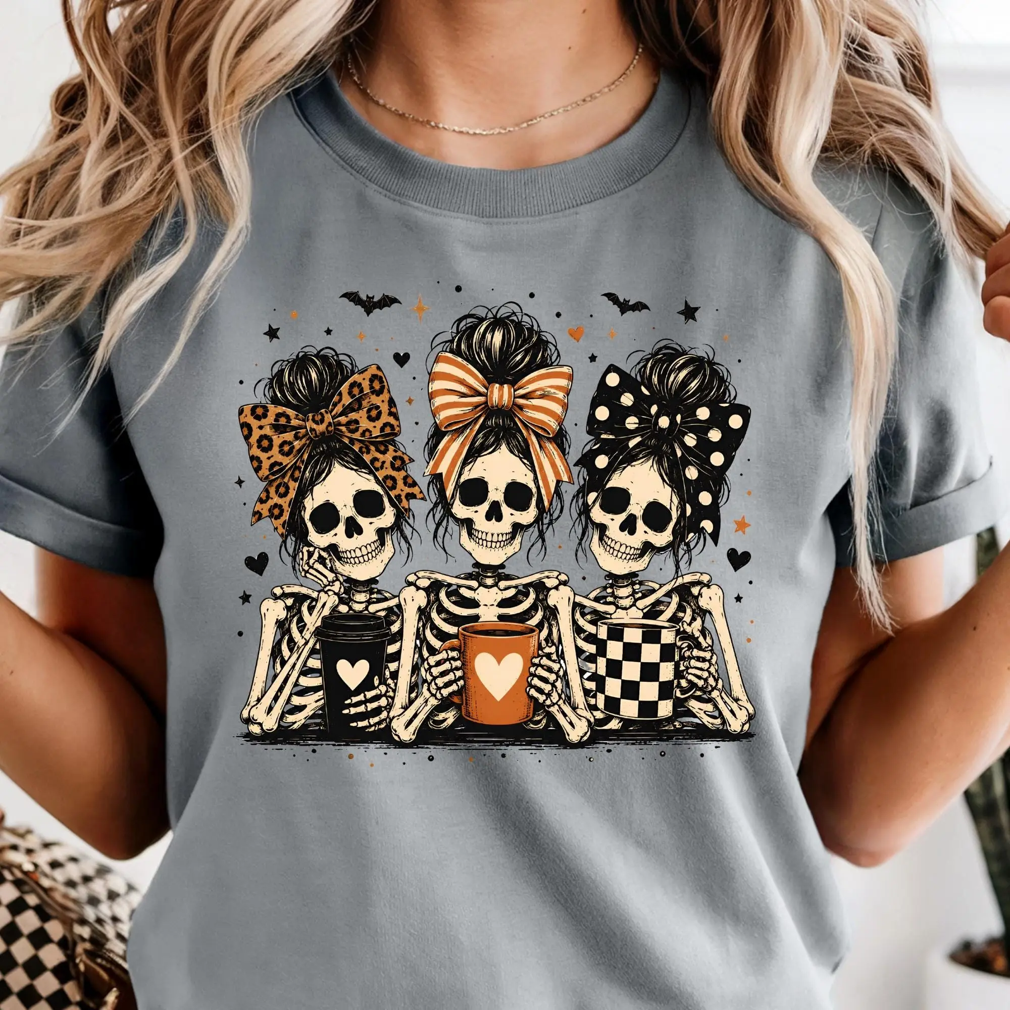 Messy Bun Skeleton T-shirt, Halloween Ladies Shirt, Girly Spooky Coffe Lover Tee - photo 2