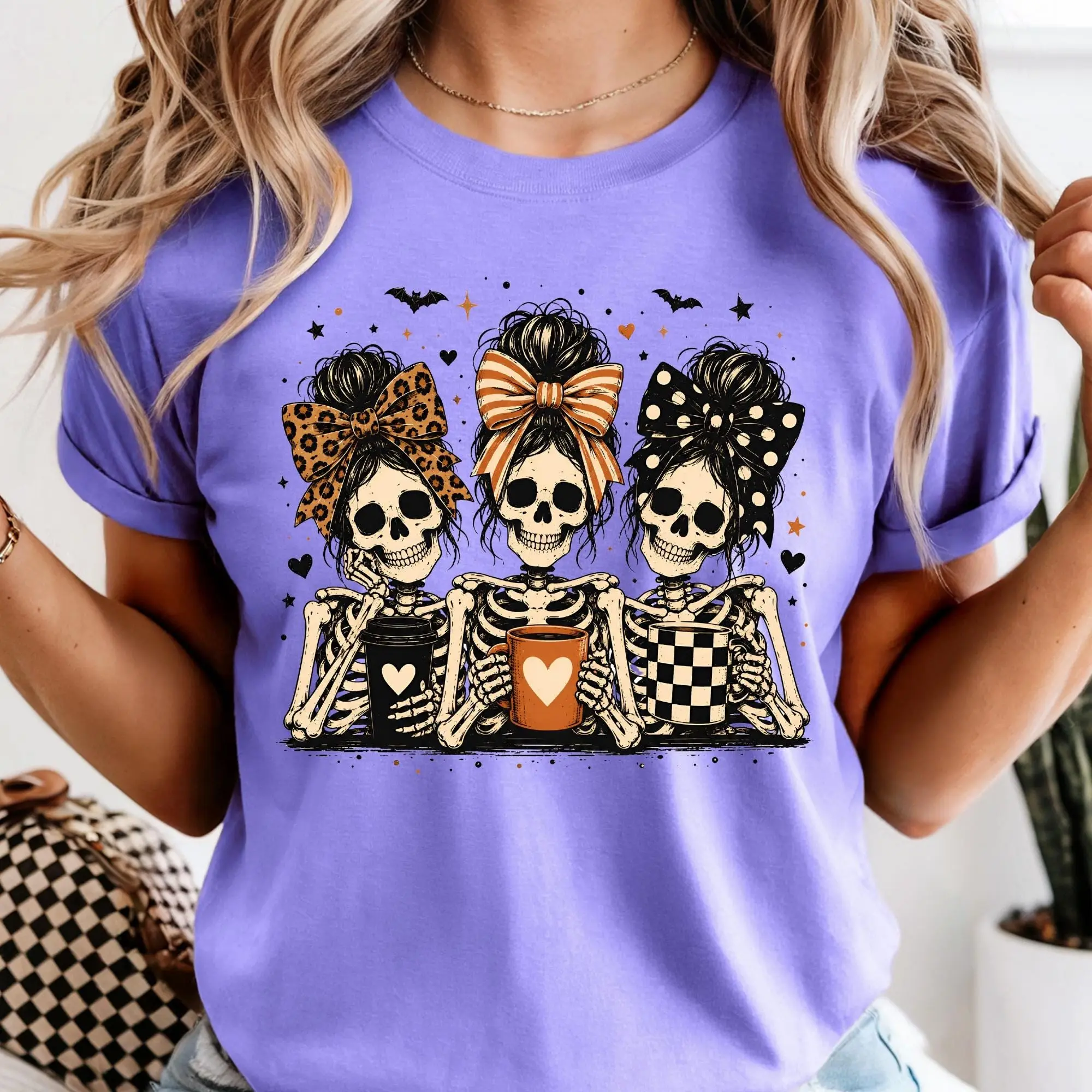 Messy Bun Skeleton T-shirt, Halloween Ladies Shirt, Girly Spooky Coffe Lover Tee - photo 3