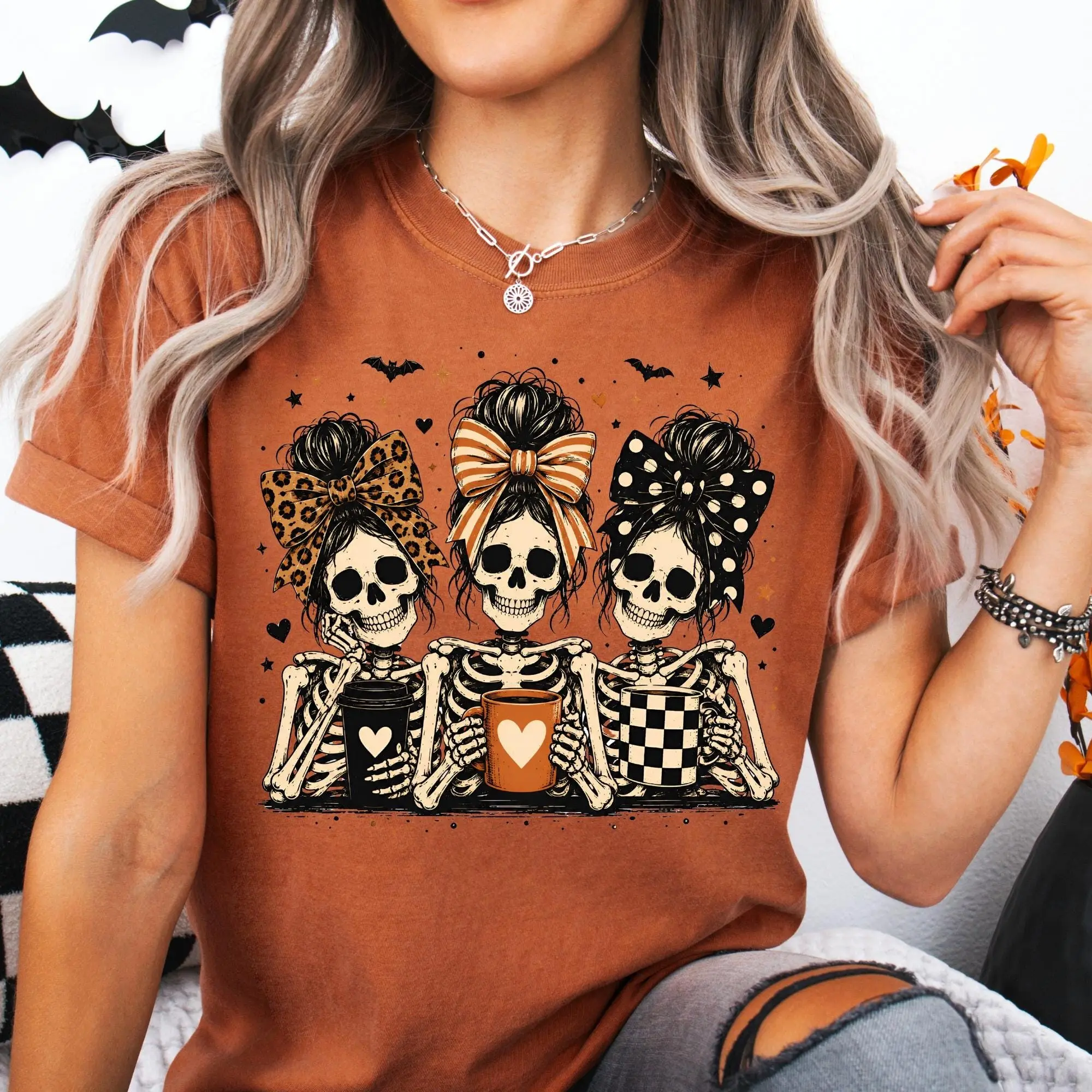 Messy Bun Skeleton T-shirt, Halloween Ladies Shirt, Girly Spooky Coffe Lover Tee - photo 4