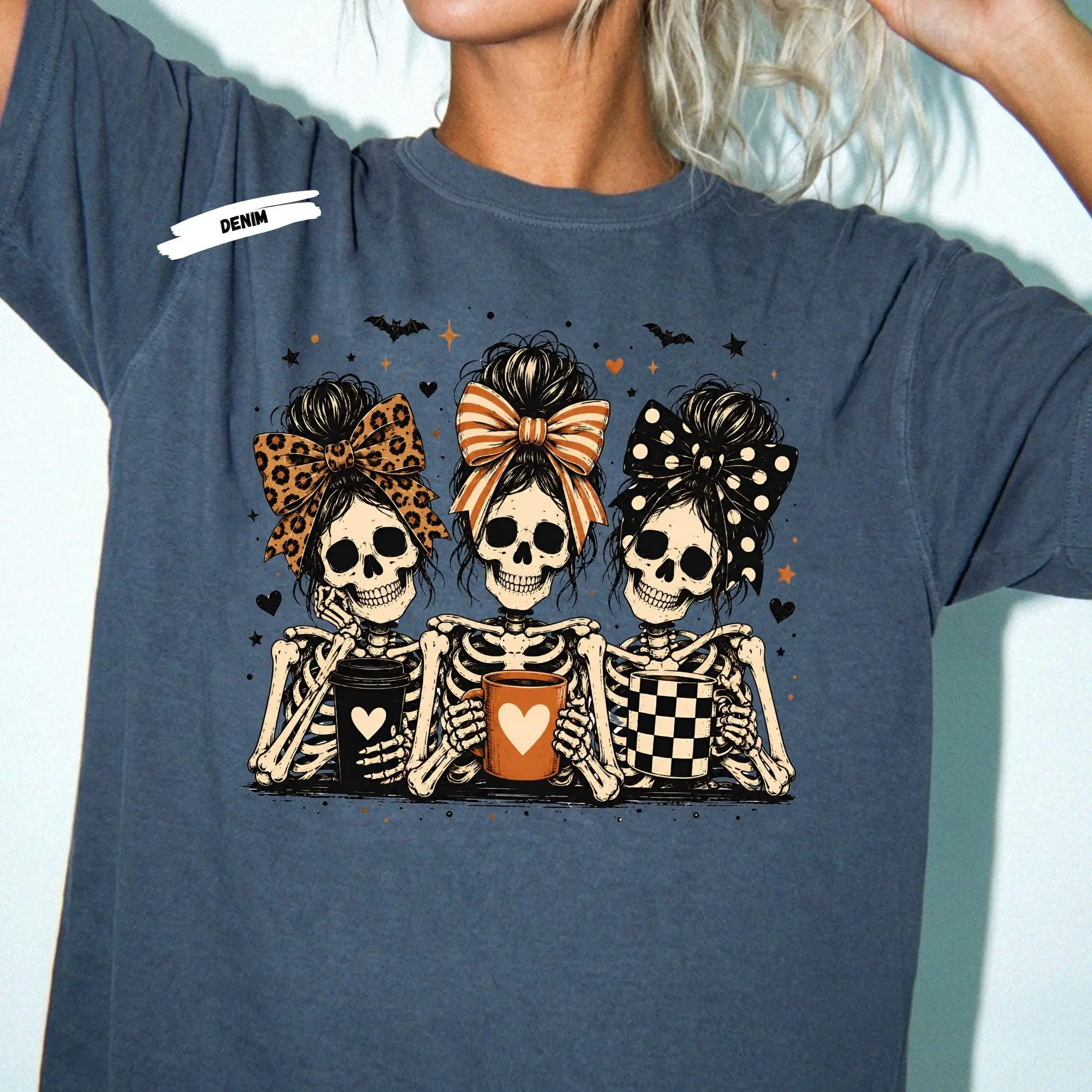 Messy Bun Skeleton T-shirt, Halloween Ladies Shirt, Girly Spooky Coffe Lover Tee - photo 5