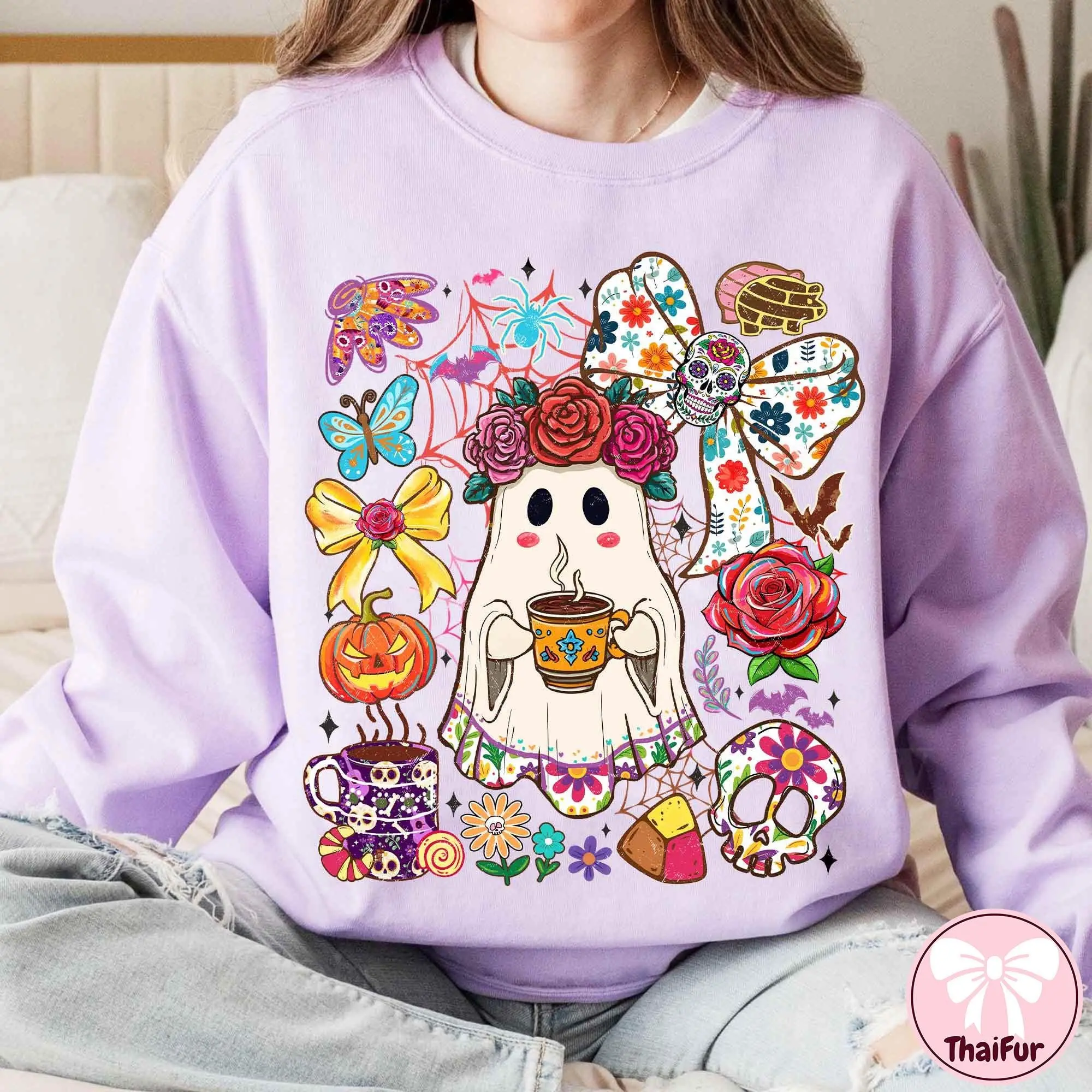 Mexican Conchas Ghost Womens Hoodie, Espooky Vibes Halloween Pullover, Funny Pan Dulce Cute Spooky Graphic - photo 2