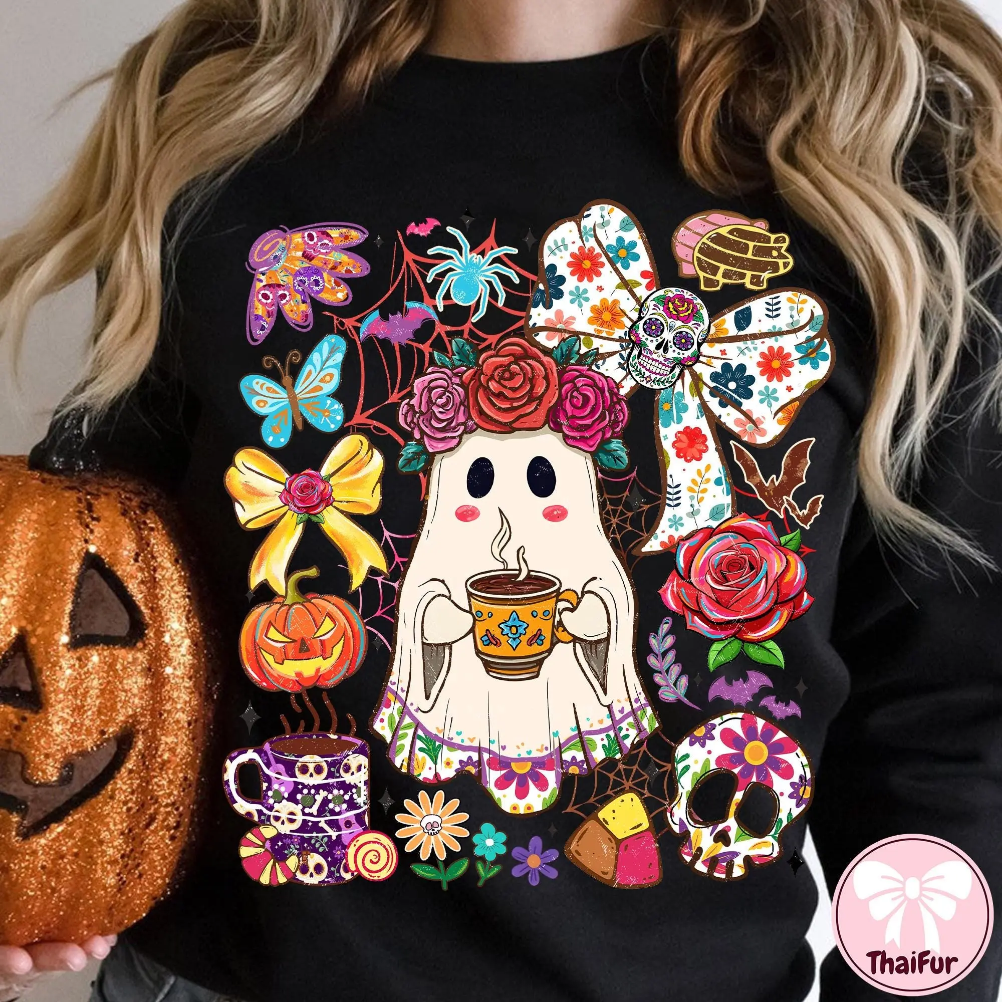 Mexican Conchas Ghost Womens Hoodie, Espooky Vibes Halloween Pullover, Funny Pan Dulce Cute Spooky Graphic - photo 3