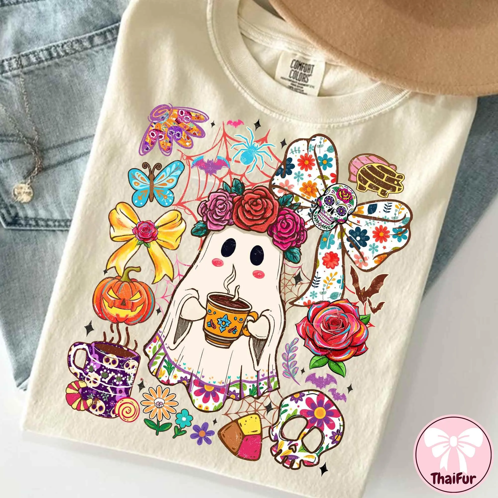 Mexican Conchas Ghost Womens Sweatshirt, Espooky Vibes Halloween Crewneck, Funny Pan Dulce Cute Spooky Graphic - photo 5