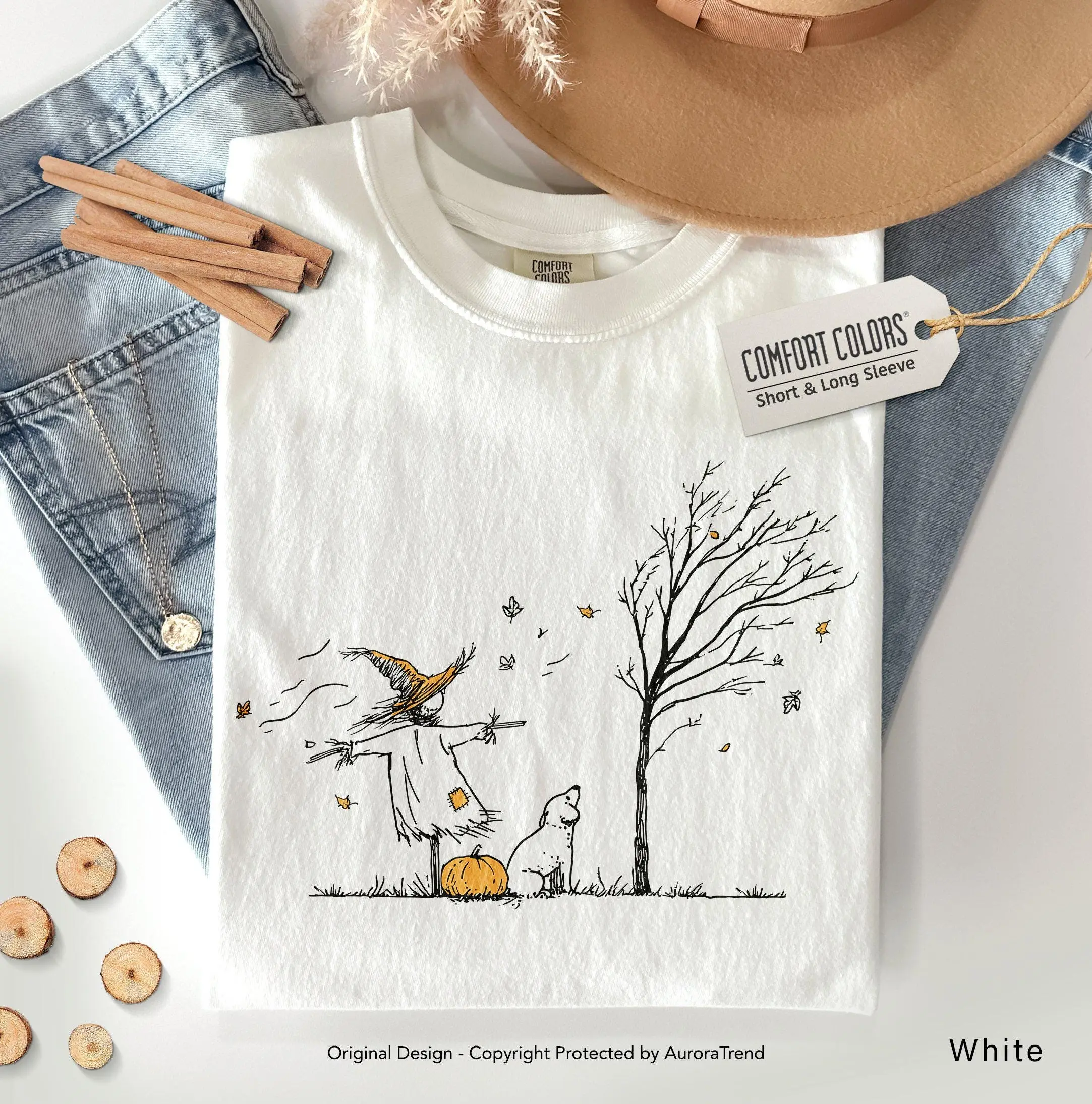 Minimalist Halloween Scarecrow Dog Pumpkin Patch Shirt, Comfort Colors Cottagecore Vintage Autumn Fall Long Sleeve Tee