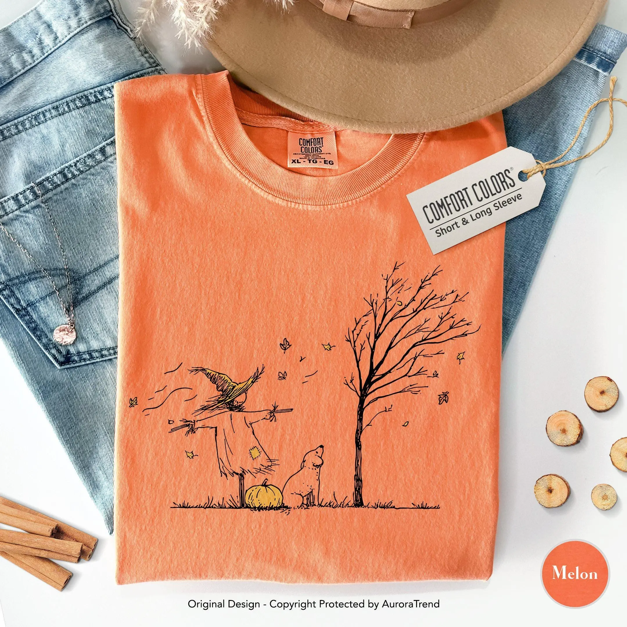 Minimalist Halloween Scarecrow Dog Pumpkin Patch Shirt, Comfort Colors Cottagecore Vintage Autumn Fall Long Sleeve Tee - photo 4