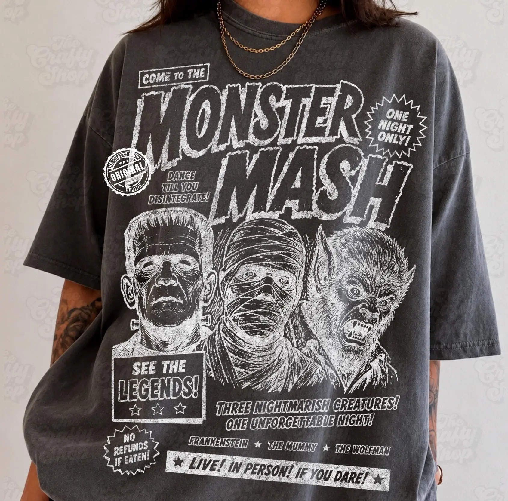 Monster Mash Graphic Tee, Vintage Classic Retro Horror Creature Spooky Season Halloween Shirt for Women - photo 5