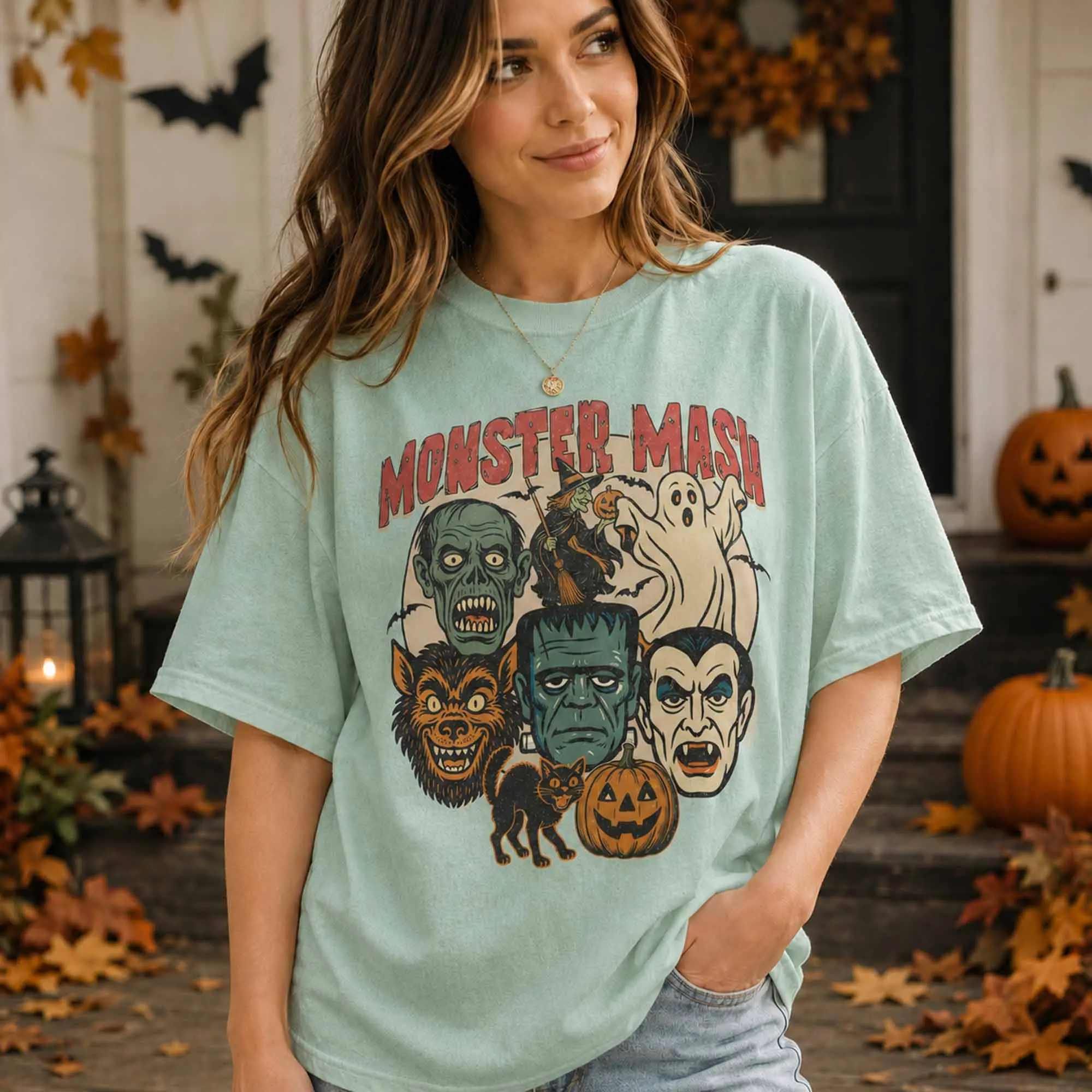 Monster Mash Shirt, Retro Halloween Spooky Season Characters Graphic Tee, Vintage Creature Style - photo 2