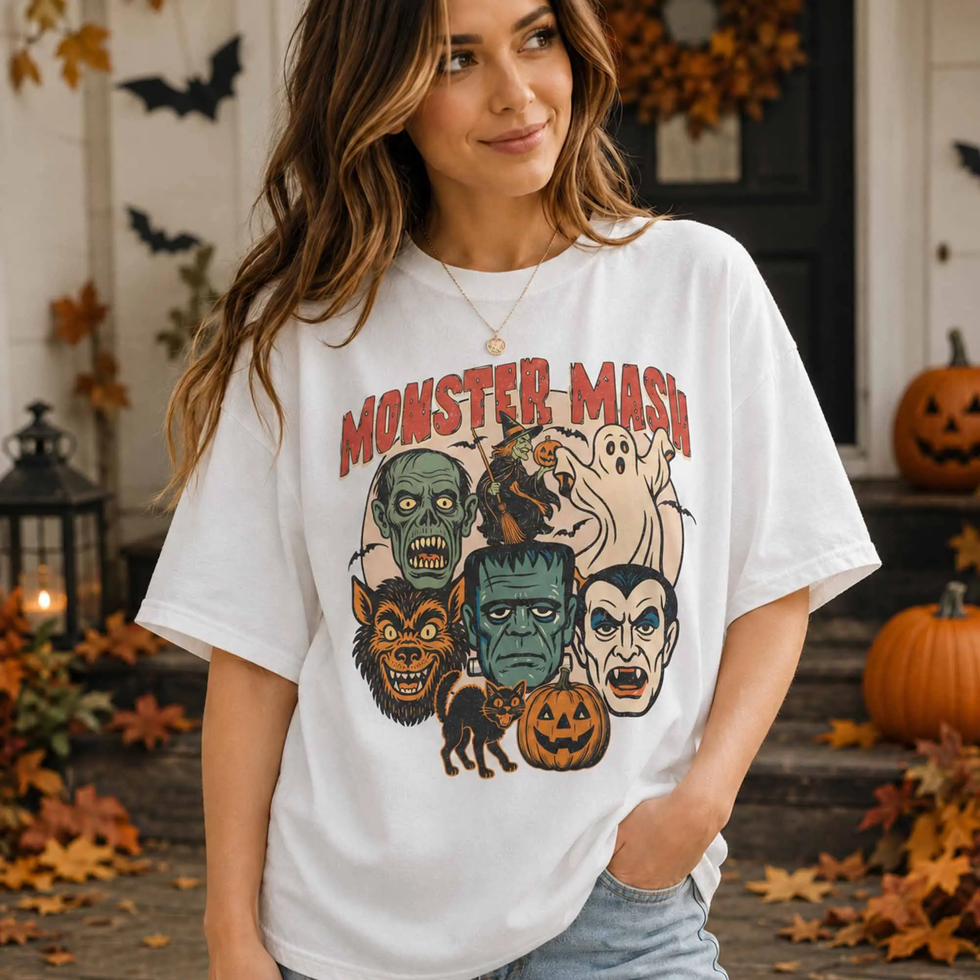 Monster Mash Shirt, Retro Halloween Spooky Season Characters Graphic Tee, Vintage Creature Style - photo 3