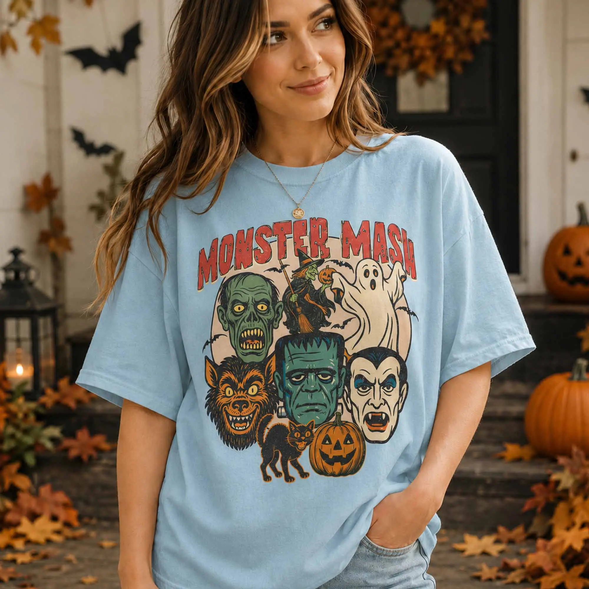 Monster Mash Shirt, Retro Halloween Spooky Season Characters Graphic Tee, Vintage Creature Style - photo 5