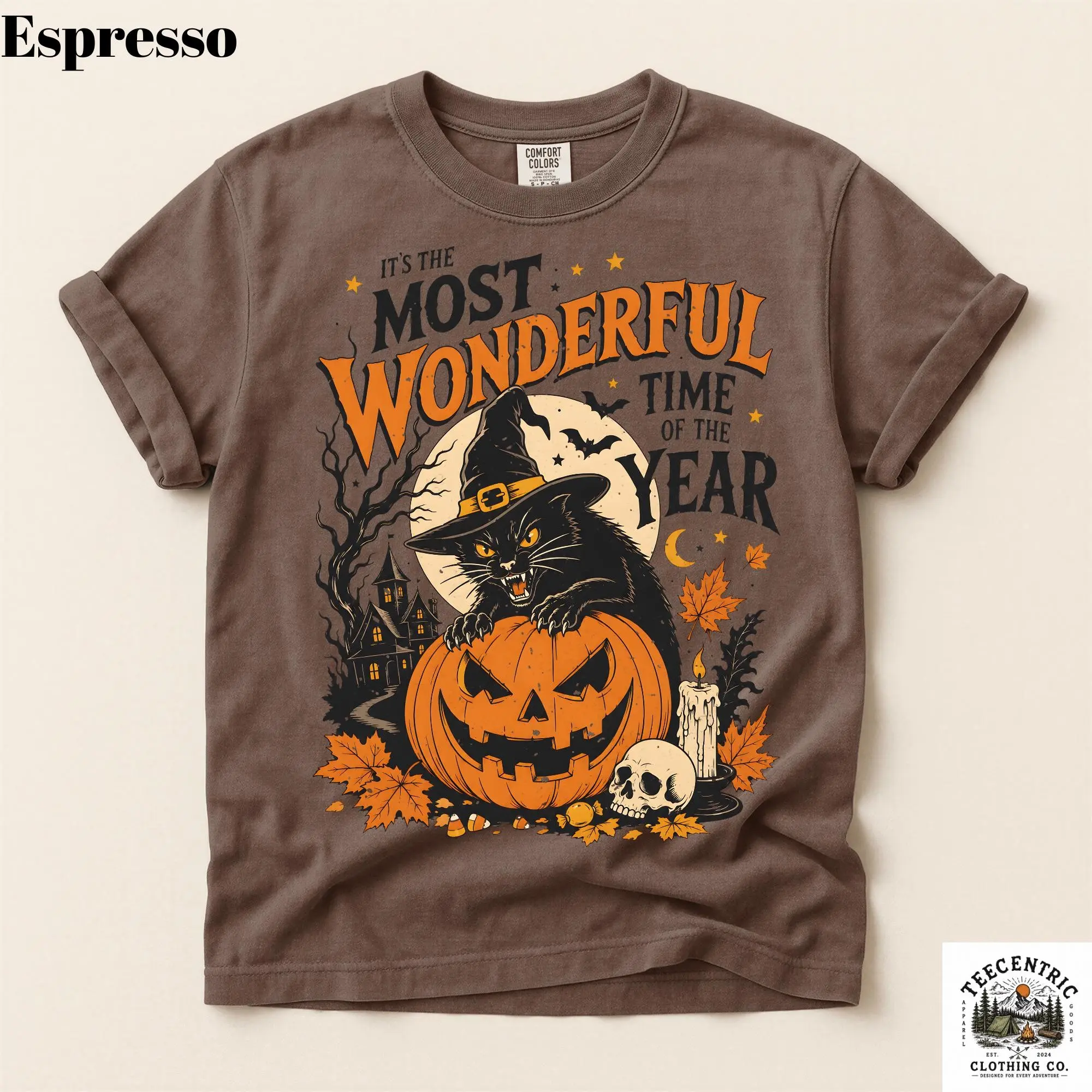 Comfort Colors Most Wonderful Time Halloween Sweatshirt, Witch Cat Pumpkin Spooky Season Fall Unisex Top