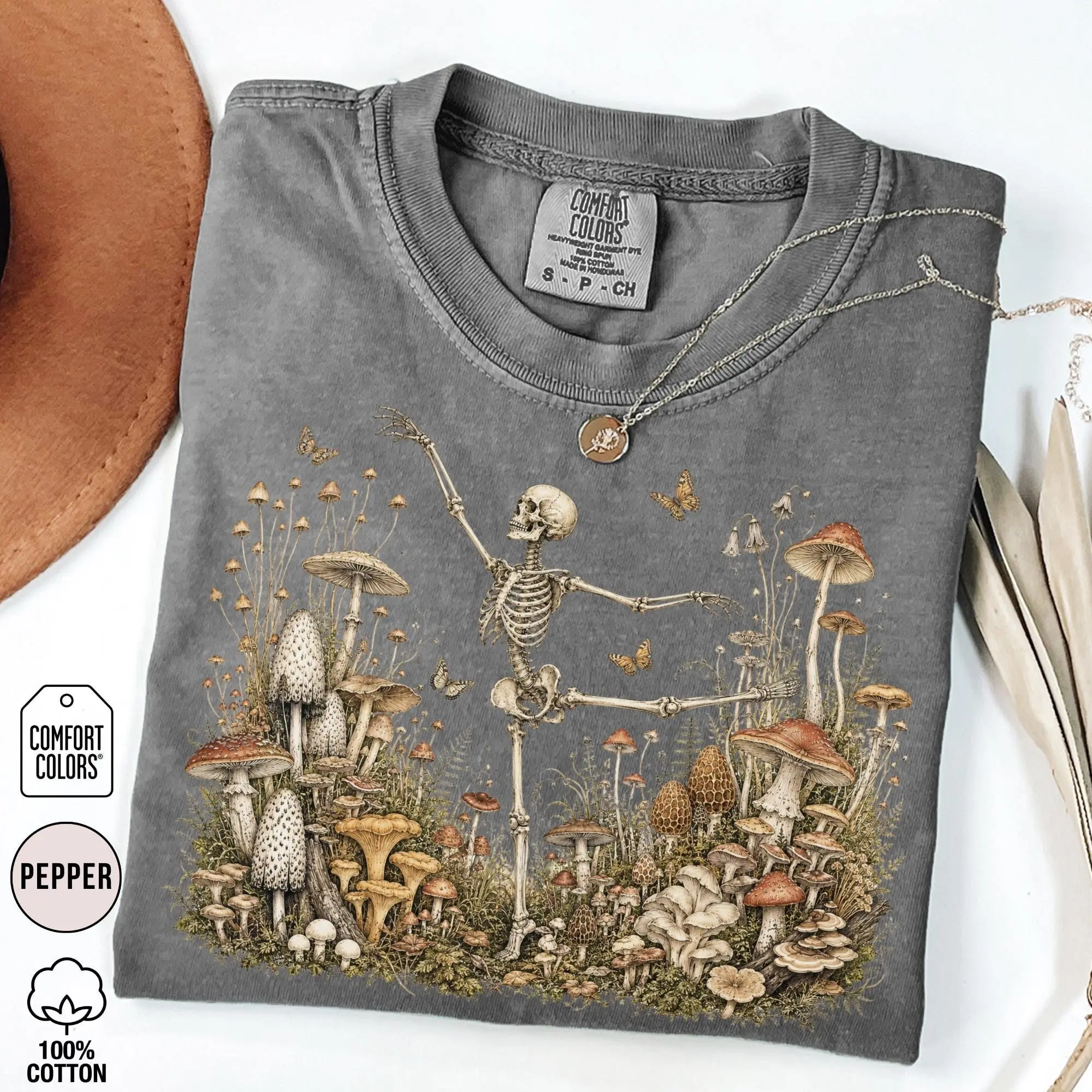 Comfort Colors Mushroom Dancing Skeleton Sweatshirt, Cottagecore Halloween Crewneck, Vintage Fungi Gothic Fall Outfit