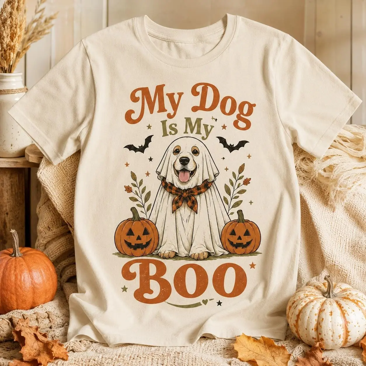 My Dog Is My Boo Shirt, Halloween Dog Mom Tee, Cute Ghost Graphic Top, Spooky Pet Lover Retro Pumpkin Fall Gift