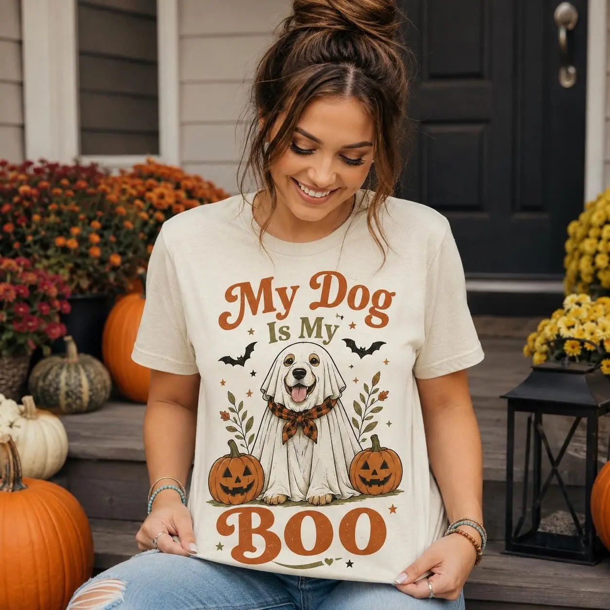 My Dog Is My Boo Shirt, Halloween Dog Mom Tee, Cute Ghost Graphic Top, Spooky Pet Lover Retro Pumpkin Fall Gift - photo 2