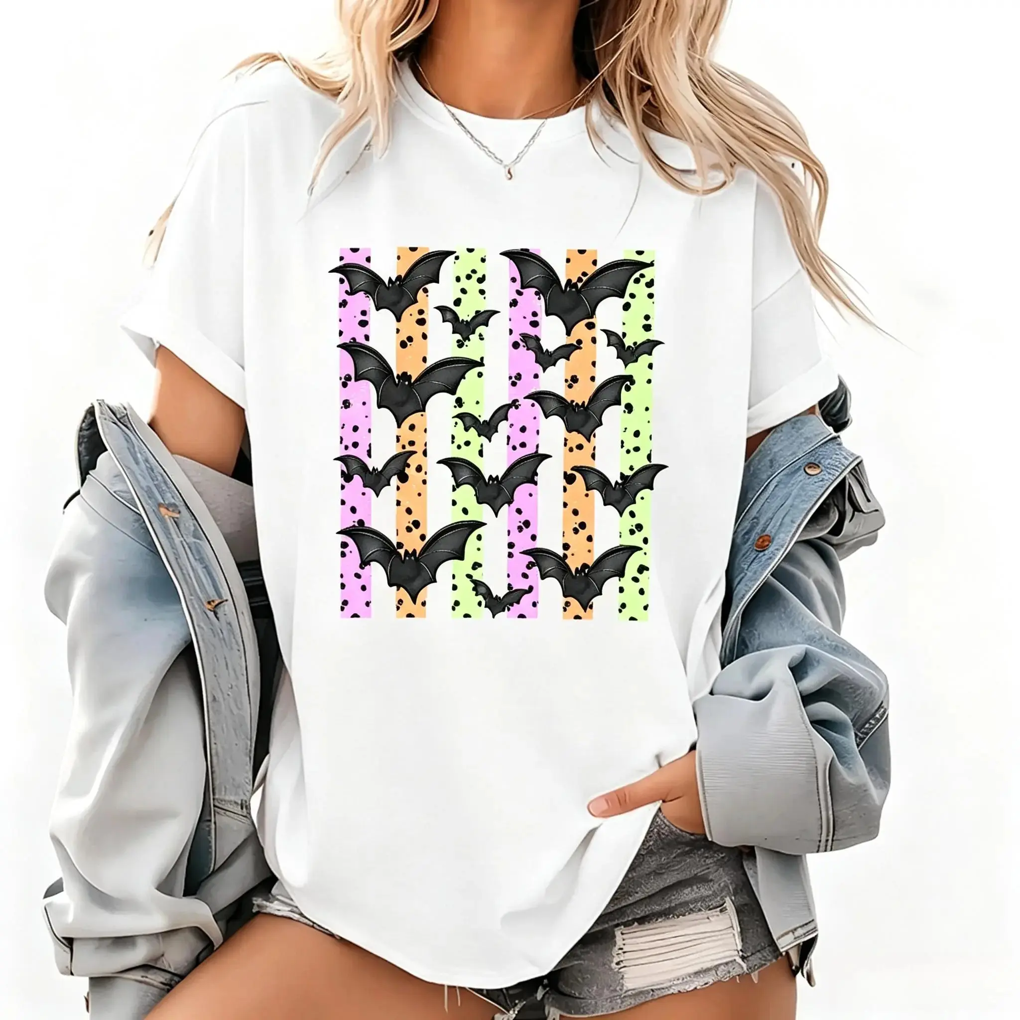 Neon Bats Halloween Shirt for Women, Retro Bat Lover Tee, Cute Spooky Season Witchy Fall Trendy Graphic Top