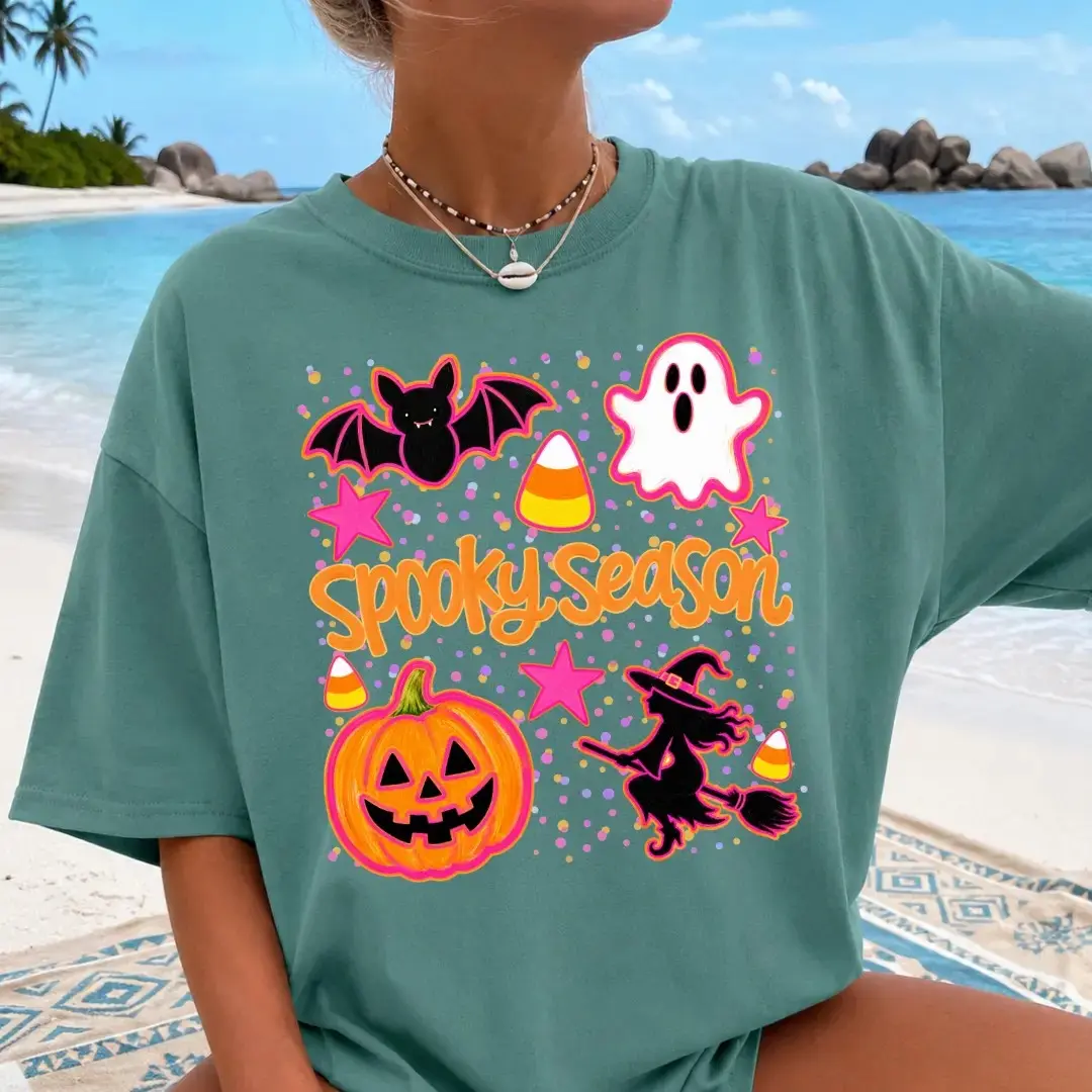 Comfort Colors Neon Spooky Season Shirt, Trendy Oversized Halloween Fall Graphic Tee Gift for Her