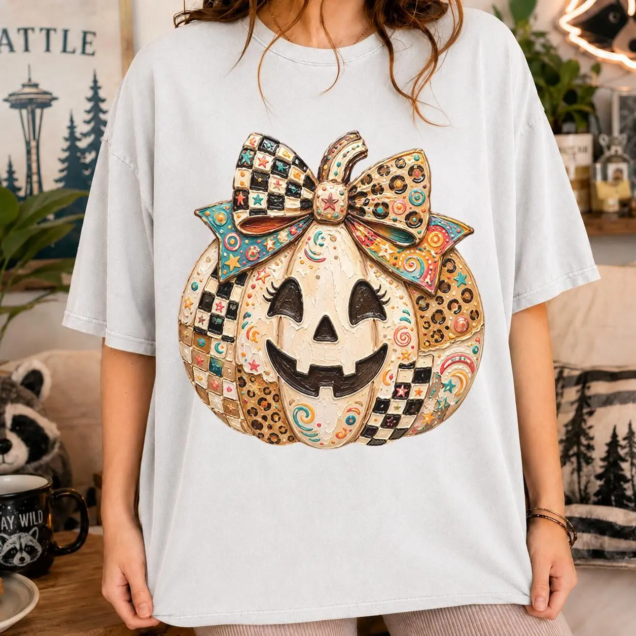 Comfort Colors Neutral Checkered Leopard Pumpkin Shirt, Coquette Bow Jack O Lantern Beige Fall Halloween Gift - photo 2