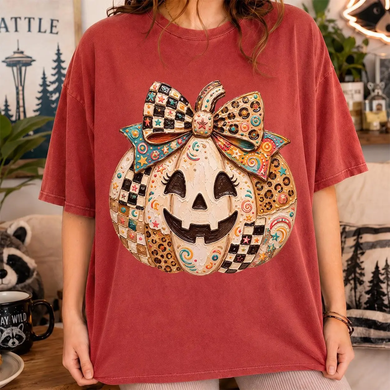 Comfort Colors Neutral Checkered Leopard Pumpkin Shirt, Coquette Bow Jack O Lantern Beige Fall Halloween Gift - photo 3